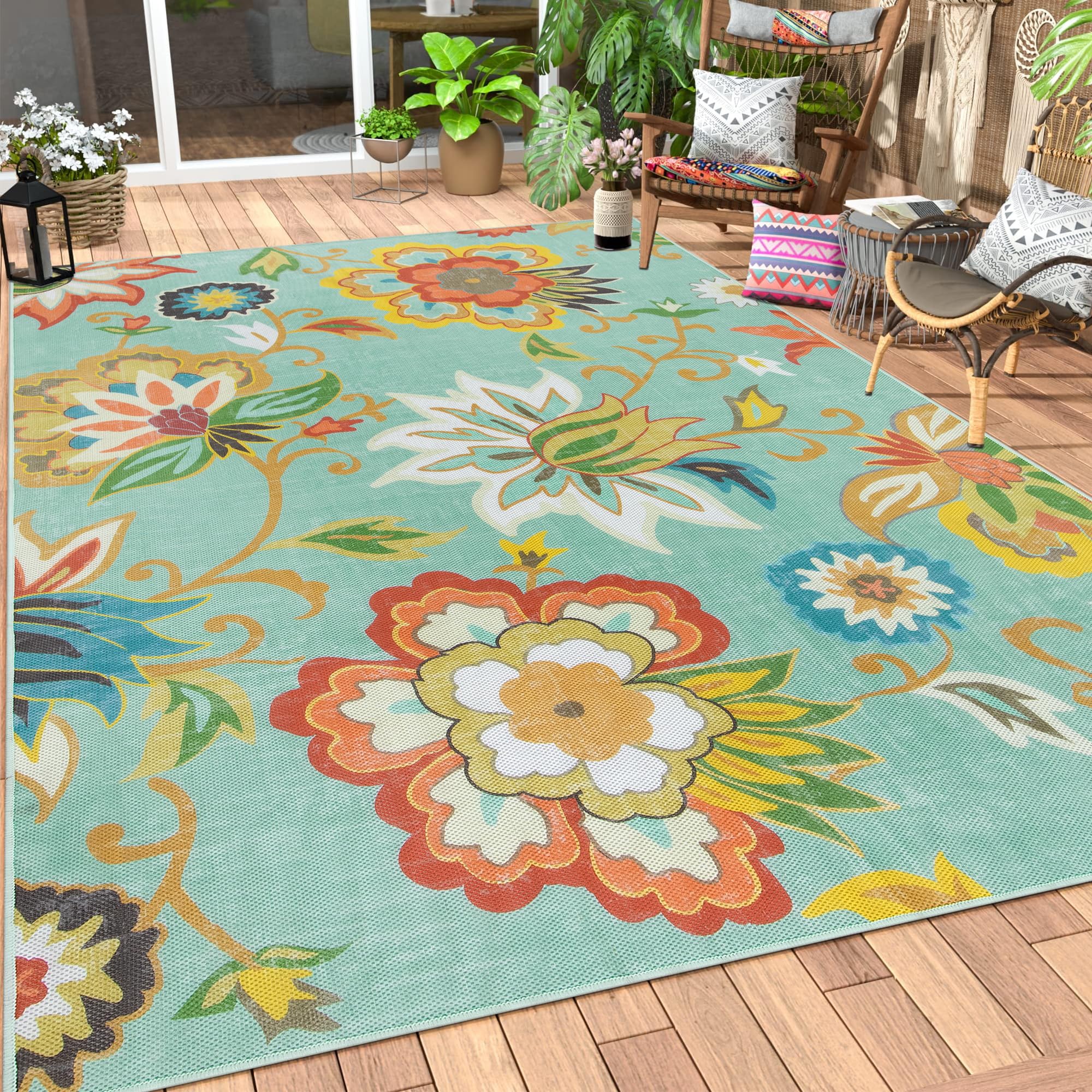 Lahome Floral Indoor Outdoor Rugs, 6X9Ft Non Slip Outdoor Patio Rug For Balcony Deck, Soft Outdoor Area Rug For Camping Picnicbackyard, Rv Outdoor Rugs For Living Room Dining Bedroom,Multi
