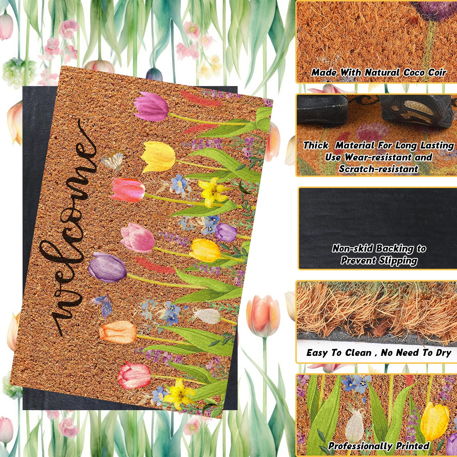 Ceenna Spring Welcome Doormat Indoor Spring Door Mat Coir Flowers Butterfly Mat Non Slip Front Porch Rugs For Home Entrance Deco