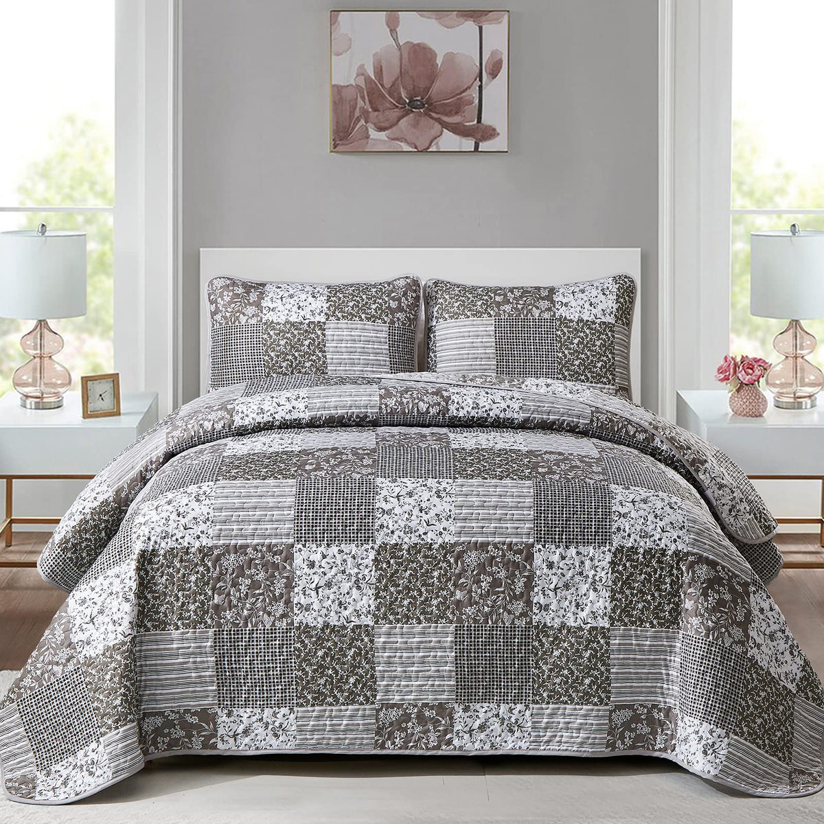 Mybedsoul Grey Boho Quilt Set Queen Size,3 Pieces Plaid Floral Bedspread Coverlet Set For All Season,Patchwork Reversible Beddin