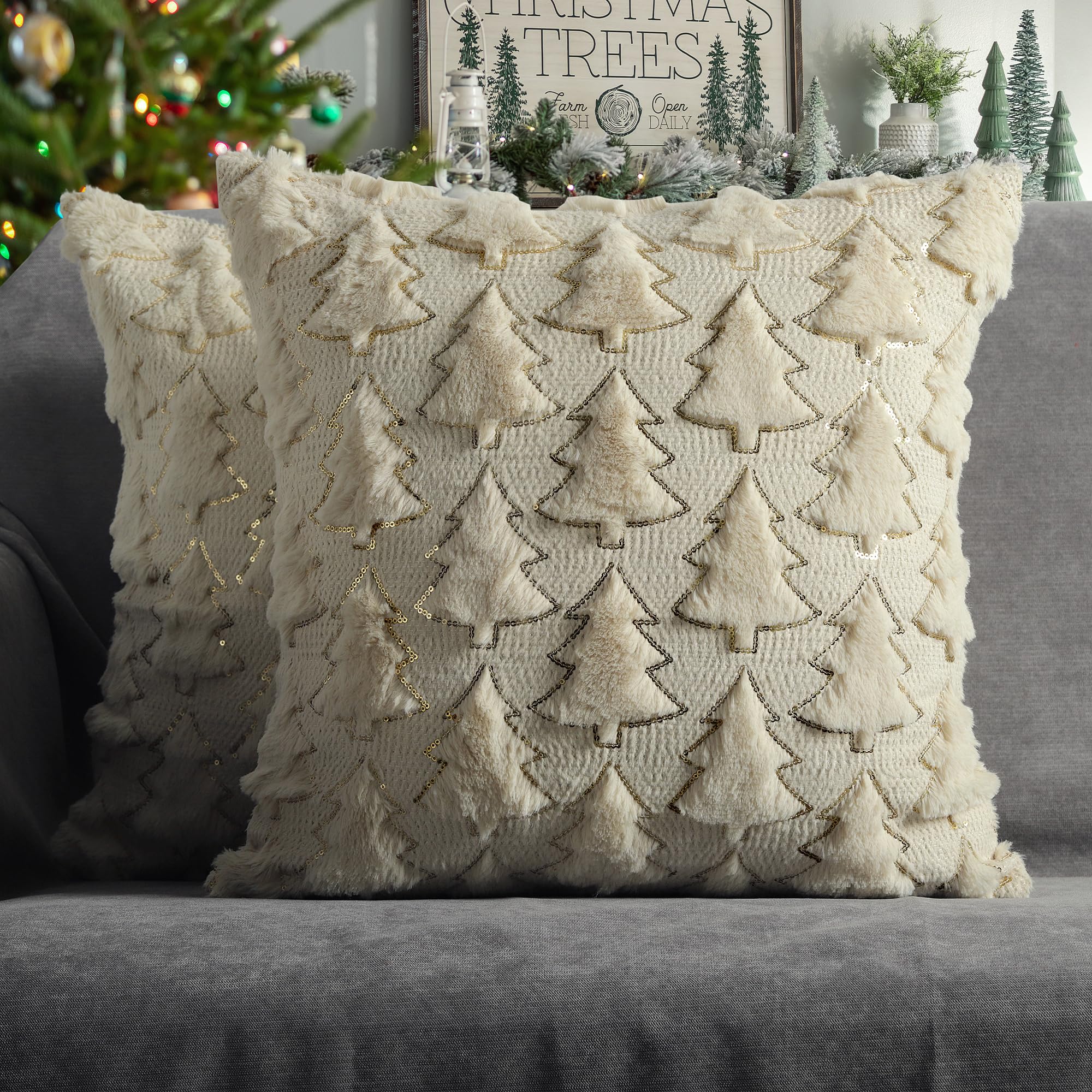 4TH Emotion Christmas Tree Decorative Pillow Covers 16x16 Set of 2, Beige Soft Plush Faux Fur Farmhouse Throw Cushion Cases for 