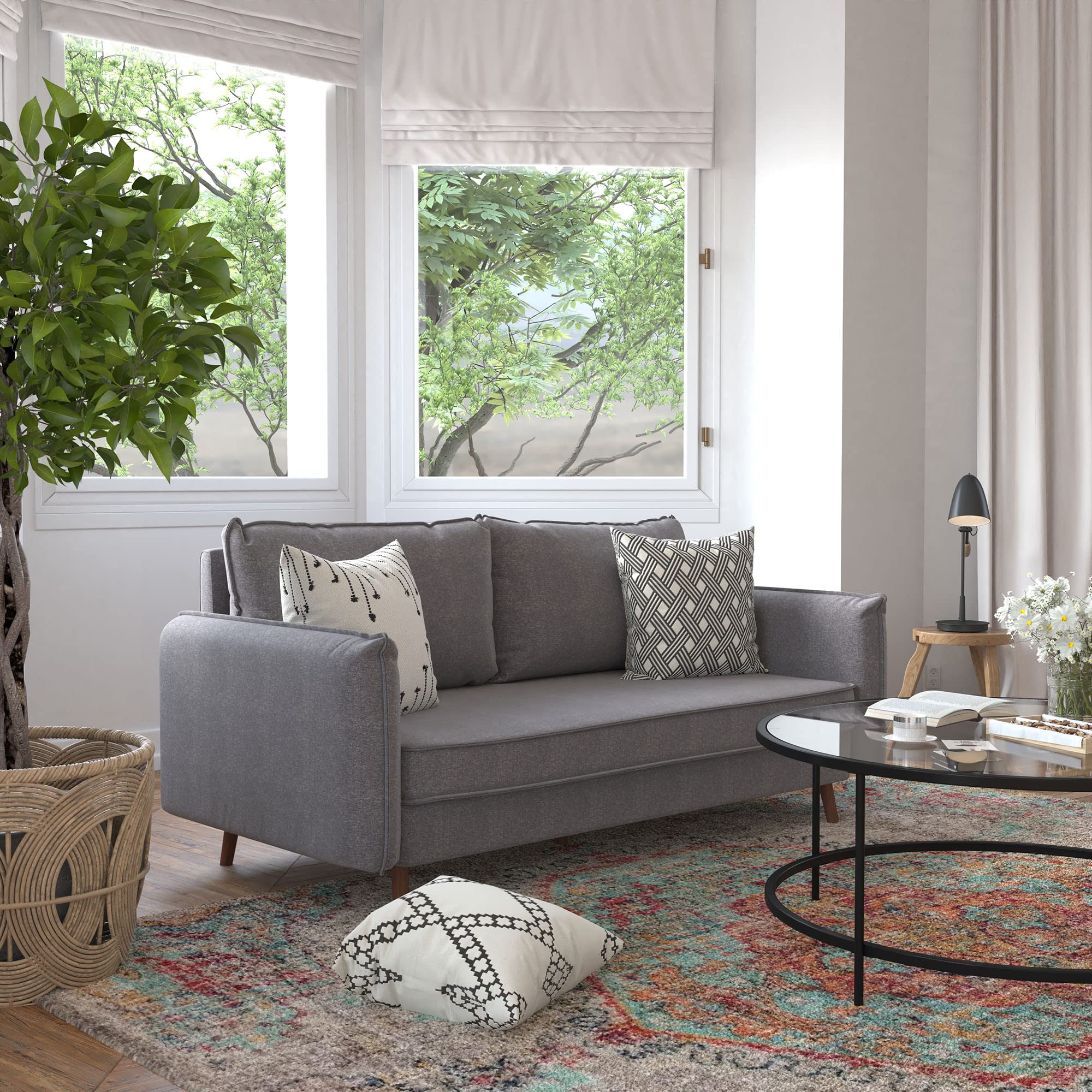 Flash Furniture Evie Mid-Century Modern Sofa - Stone Gray Faux Linen Fabric Upholstery - Real Wood Frame And Legs