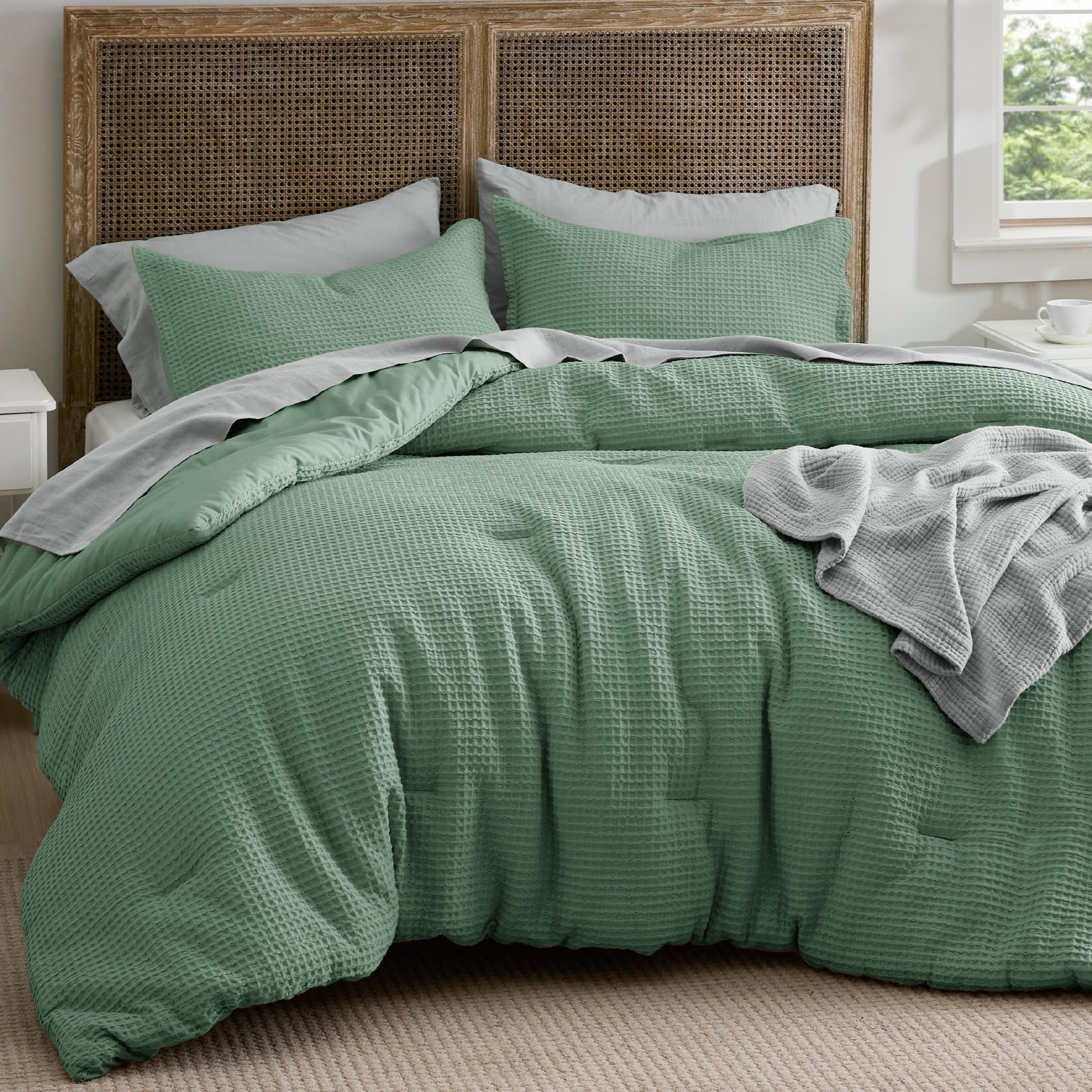 Bedsure Waffle Comforter Set King, Green Soft Cotton Bedding Set For All Seasons, Waffle Weave Bed Set, 3 Pieces, 1 Comforter (104'X90') And 2 Pillow Shams, Premium Cotton Cover With Polyester Fill