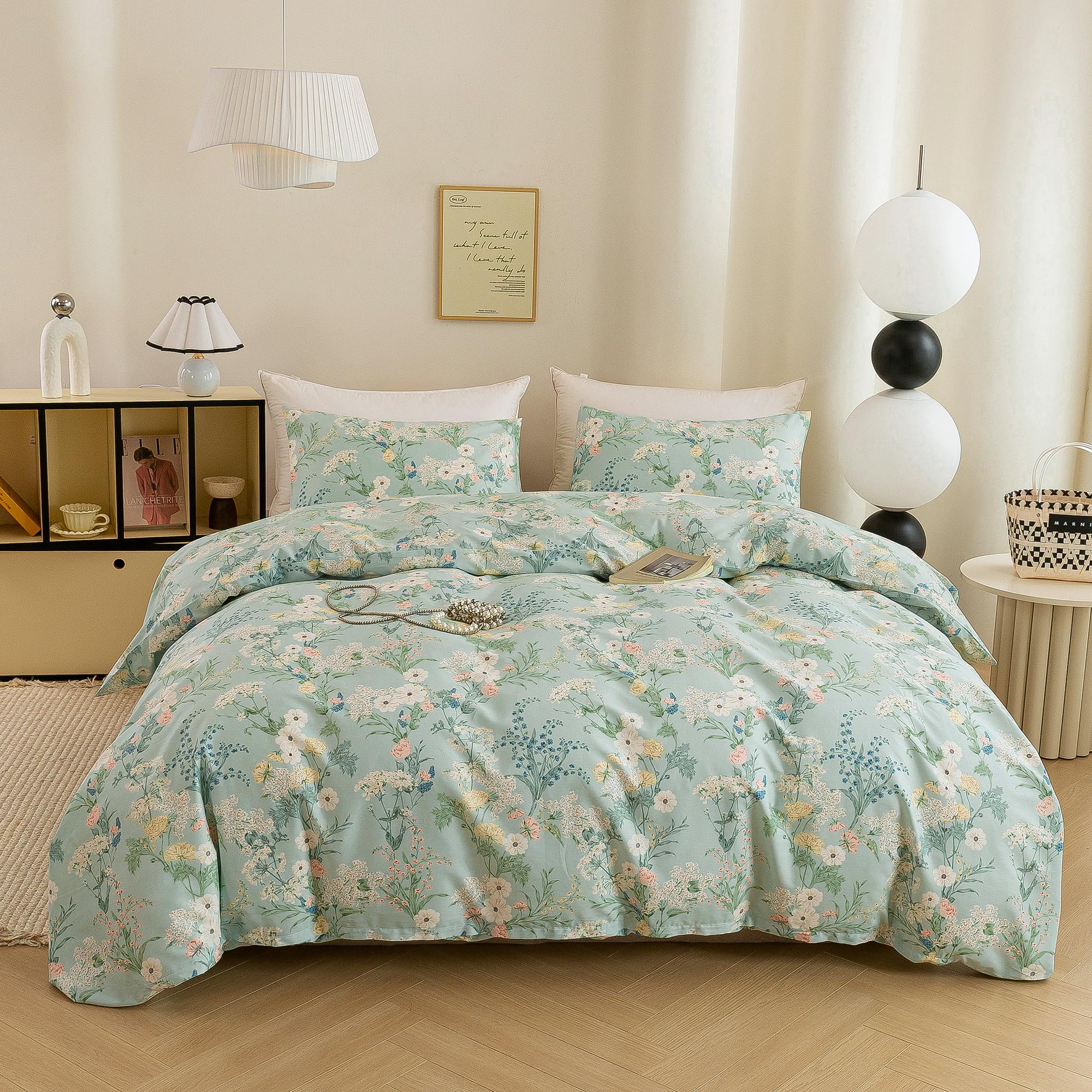 ECOCOTT Floral Duvet Cover King Size -3pcs Mint Blue Garden Flower Bedding Set, Soft Breathable with Zipper Closure & Corner Tie