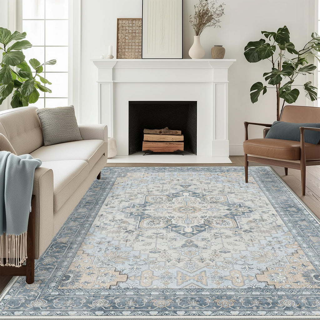 Beimo Area Rug 9X12 Machine Washable Vintage Distressed Print Blue Floral Medallion Accent Bedroom Living Room Hallway Entryway