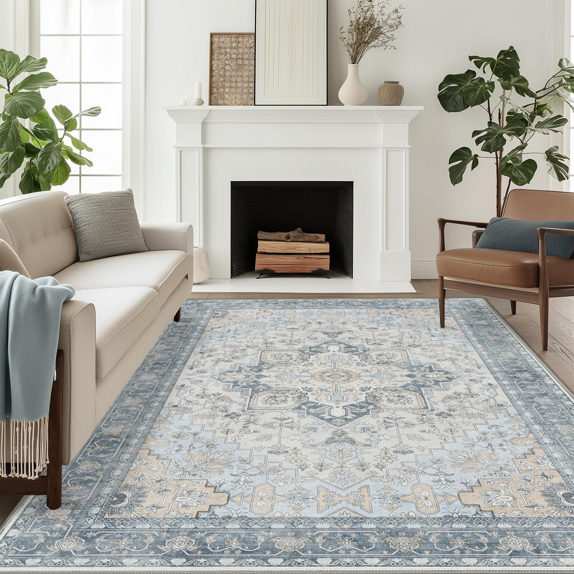 Beimo Area Rug 9X12 Machine Washable Vintage Distressed Print Blue Floral Medallion Accent Bedroom Living Room Hallway Entryway