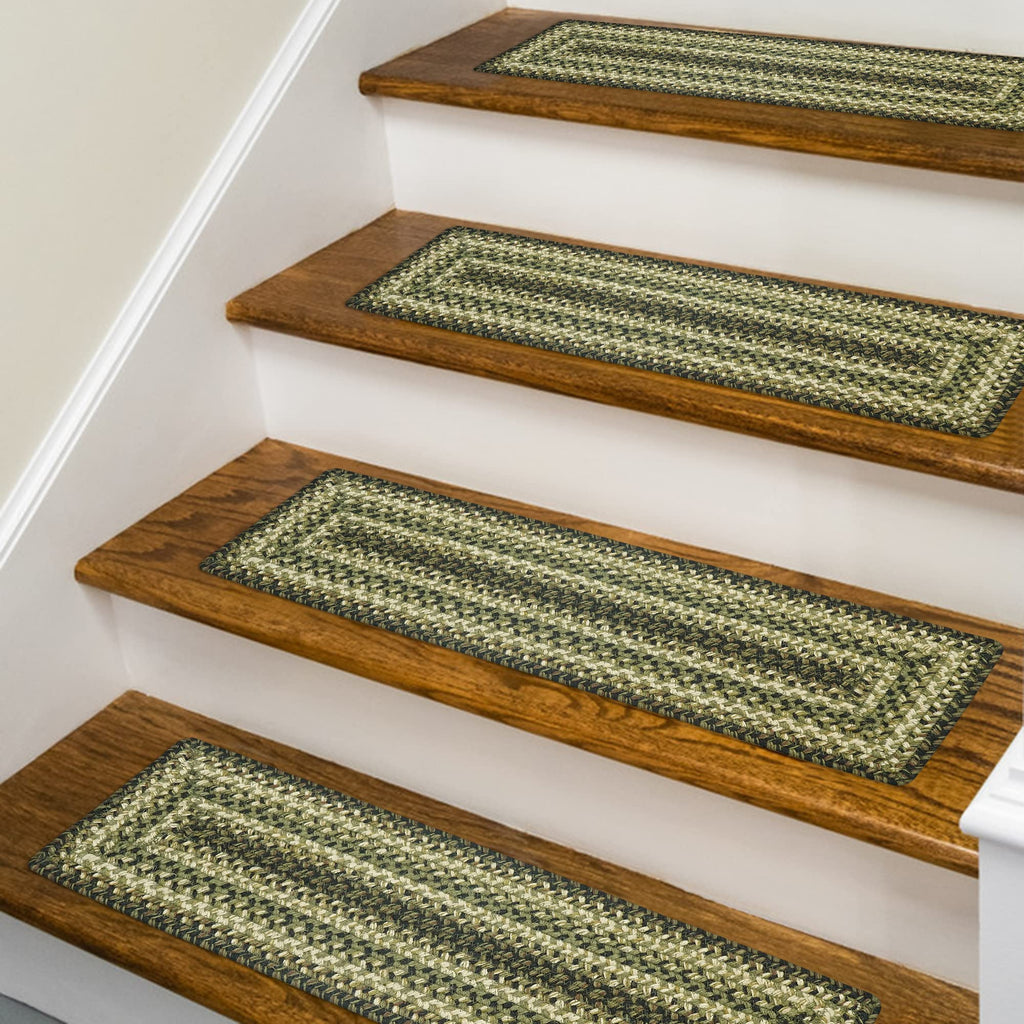 Homespice Pinecone Premium Jute Braided Stair Tread 8'' x 28'' (Set of 13) Rectangular Green Reversible, Natural Jute Yarn Rusti