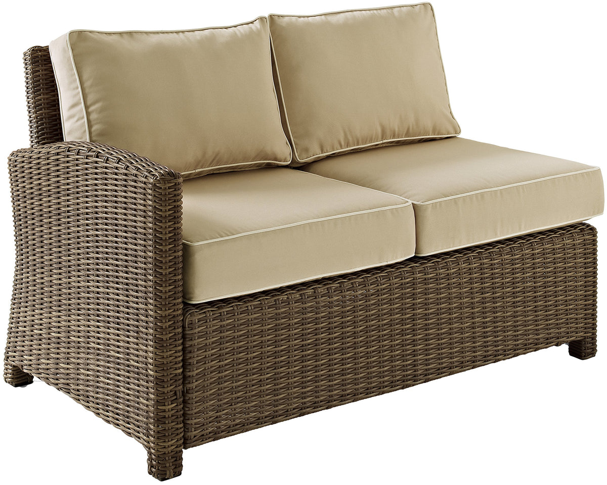 Crosley Furniture Bradenton Outdoor Sectional Left Side Loveseat, 2-Person Wicker Patio Couch for Deck, Brown with Sand Cushions