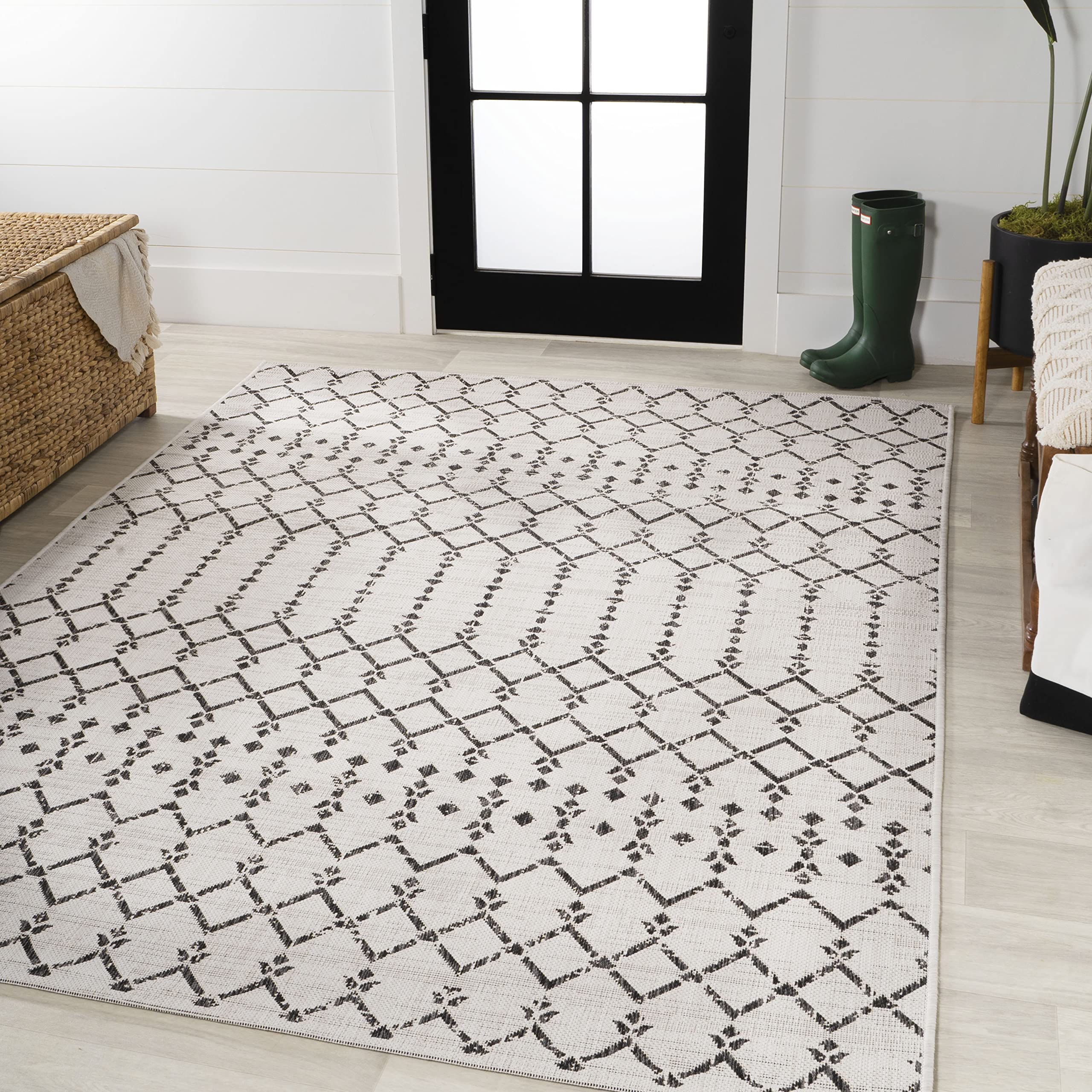 JONATHAN Y SMB108I-6 Ourika Moroccan Geometric Textured Weave Cream/Black 6 ft. x 9 ft. Indoor/Outdoor Area Rug, Pet Friendly, N