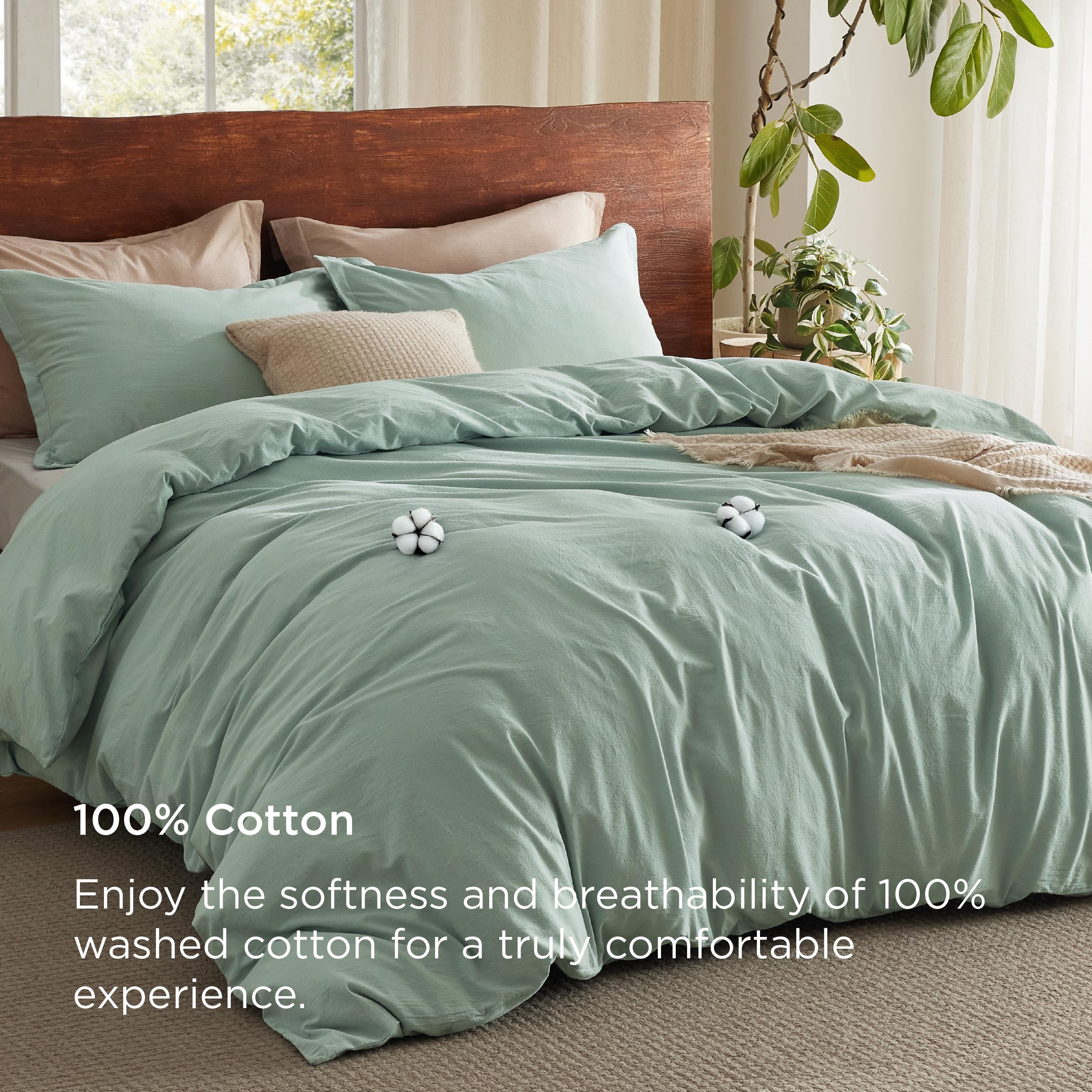 Bedsure 100% Washed Cotton Duvet Cover Queen - Sage Green Minimalist Cotton Duvet Cover Linen Like - 3 Pieces Gentlesoft™ Plain Simple Bedding Set With 2 Pillow Shams (Sage Green, Queen, 90'X90')