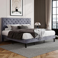 Allewie King Size Velvet Upholstered Platform Bed Frame With Adjustable Diamond Button Tufted And Nailhead Trim Headboard, Wood Slat Support, Easy Assembly, No Box Spring Needed, Light Grey