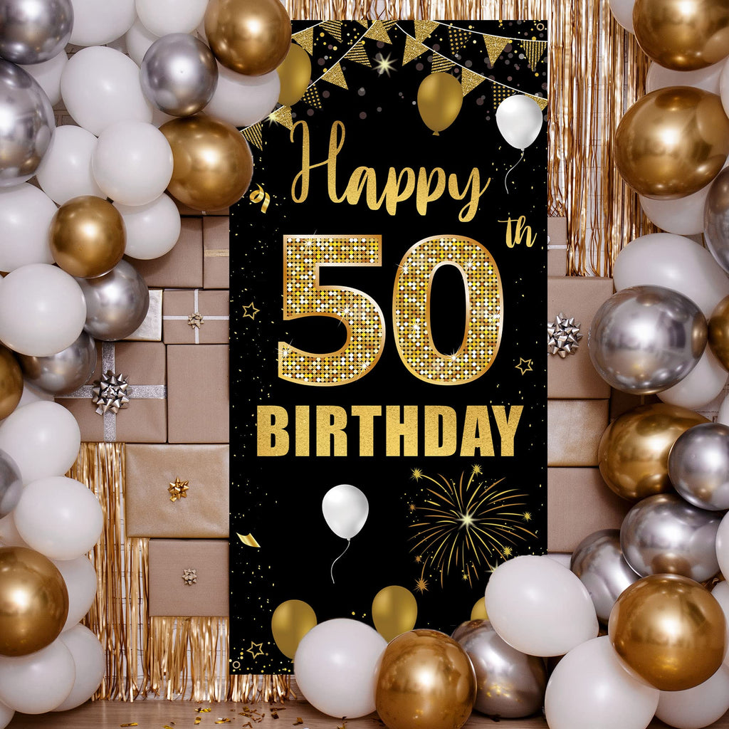 50Th Birthday Door Banner Backdrop, Black Gold Happy 50Th Birthday Decorations Women Men, 50 Years Birthday Photo Booth Props, F