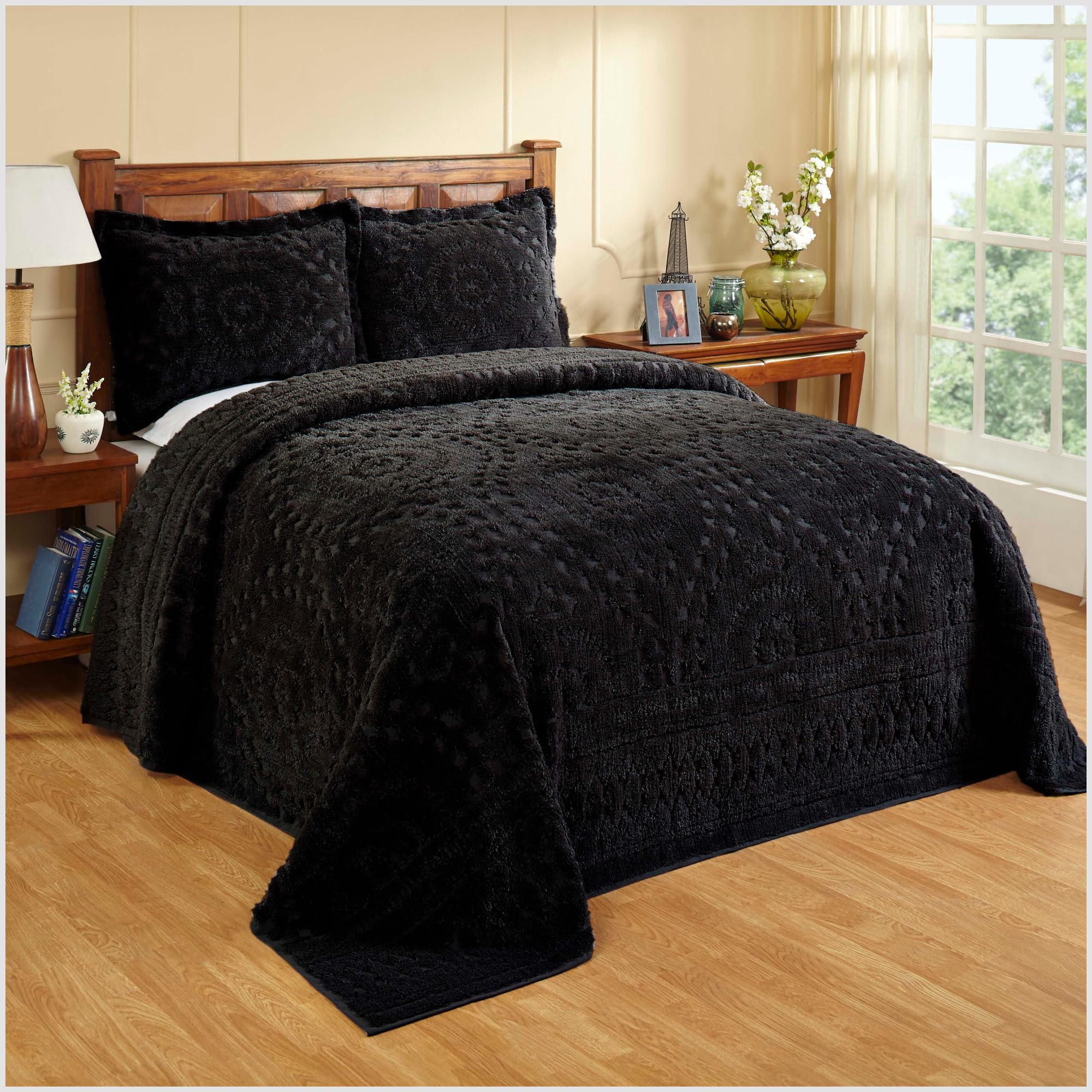 Better Trends 100% Cotton Chenille Coverlet Bedspread, Medallion Design Full/Double Size Bedspreads, 96' X 110' Black Bedding