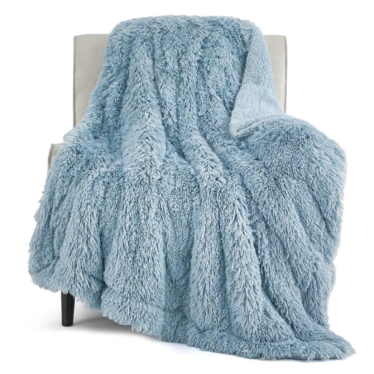Bedsure Soft Fuzzy Faux Fur King Size Blanket Blue - Cozy, Fluffy, Plush Sherpa Fleece Blanket, Furry, Shaggy Blanket For Couch,