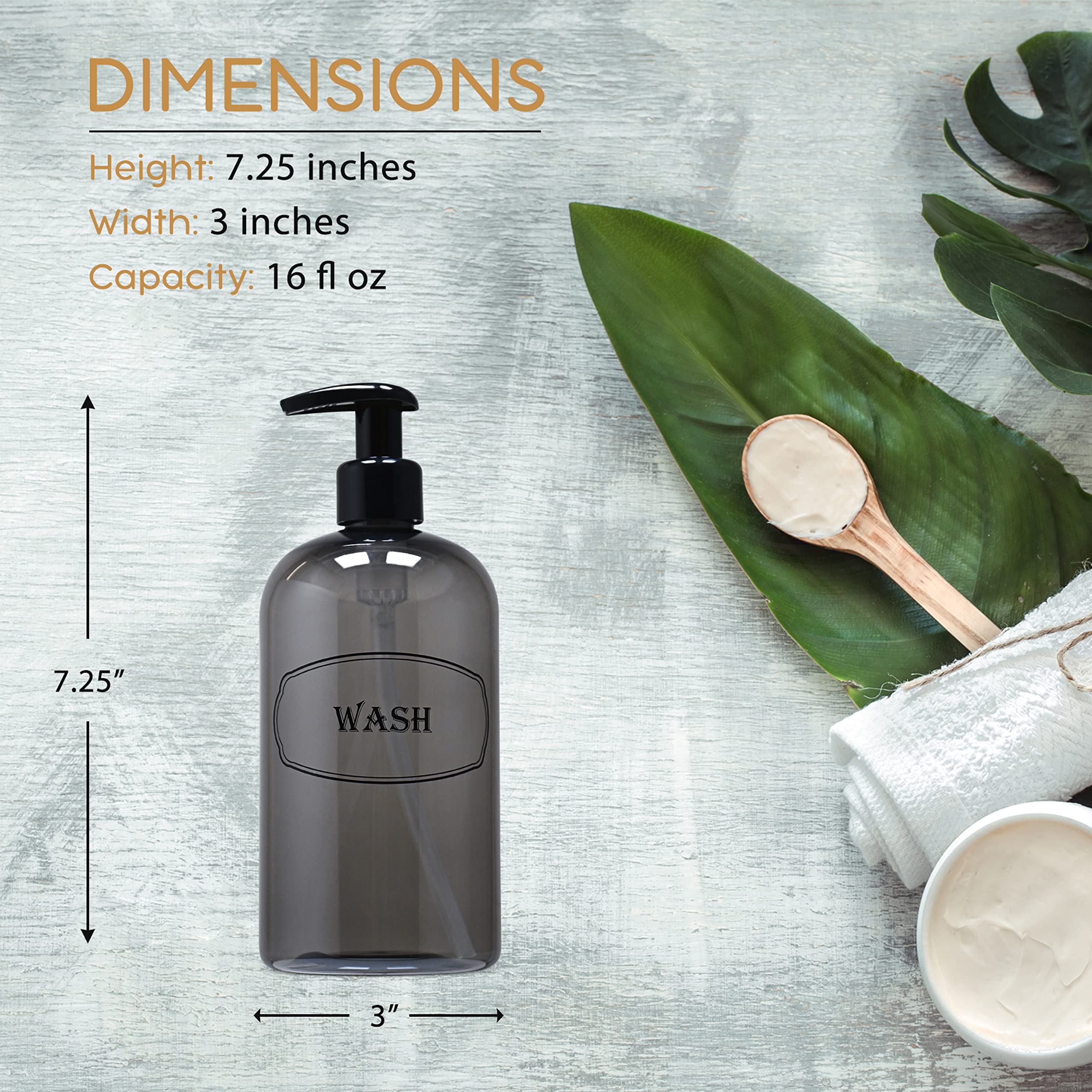 Bottiful Home-16 Oz Grey Shampoo, Conditioner, Wash Shower Soap Dispensers-3 Refillable Empty Pet Plastic Pump Bottle Shower Con