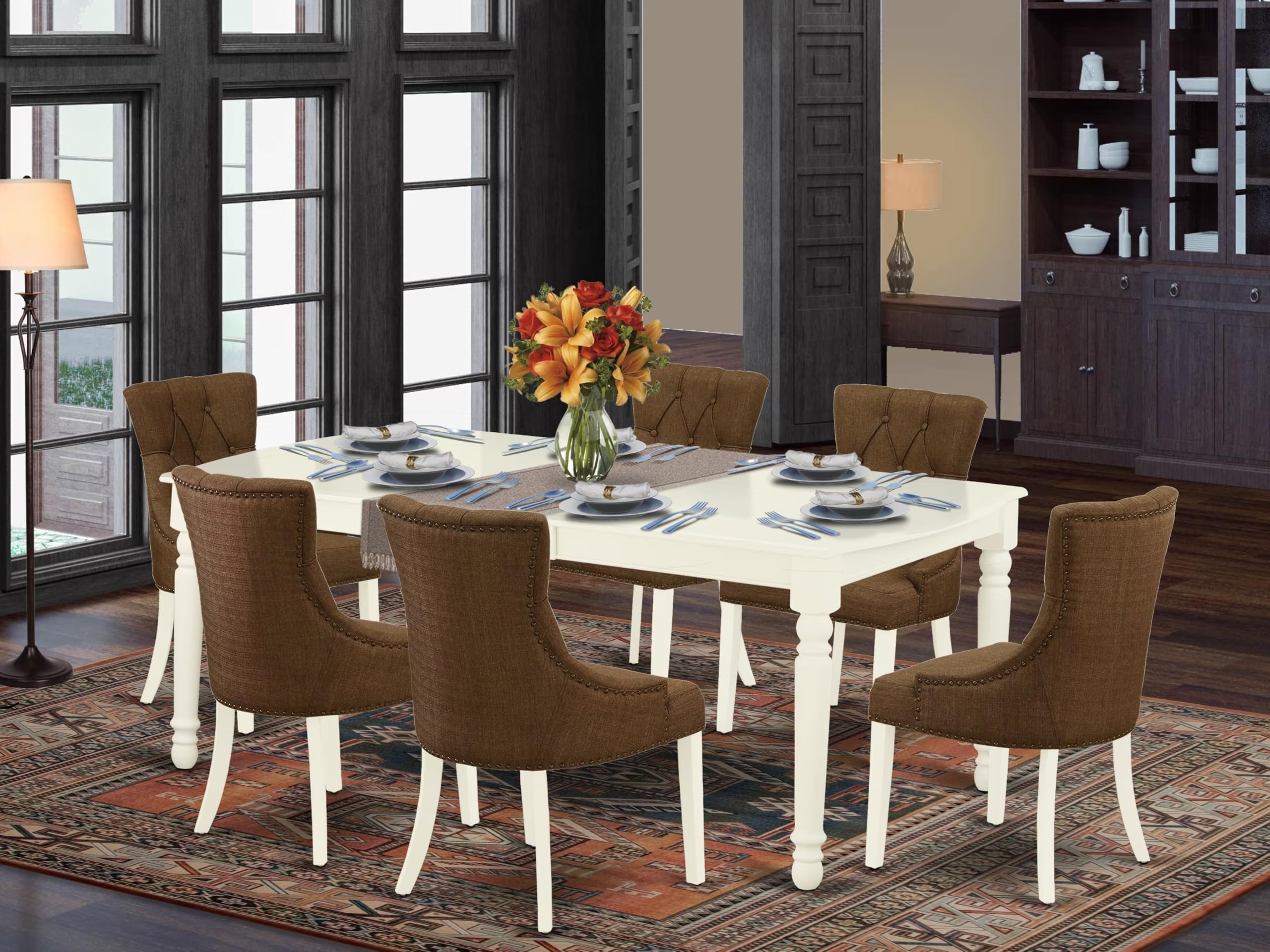 East West Furniture Dofr7-Lwh-18 7 Piece Dining Room Table Set Consist Of A Rectangle Kitchen Table With Butterfly Leaf And 6 Brown Linen Linen Fabric Parsons Chairs, 42X78 Inch, Linen White