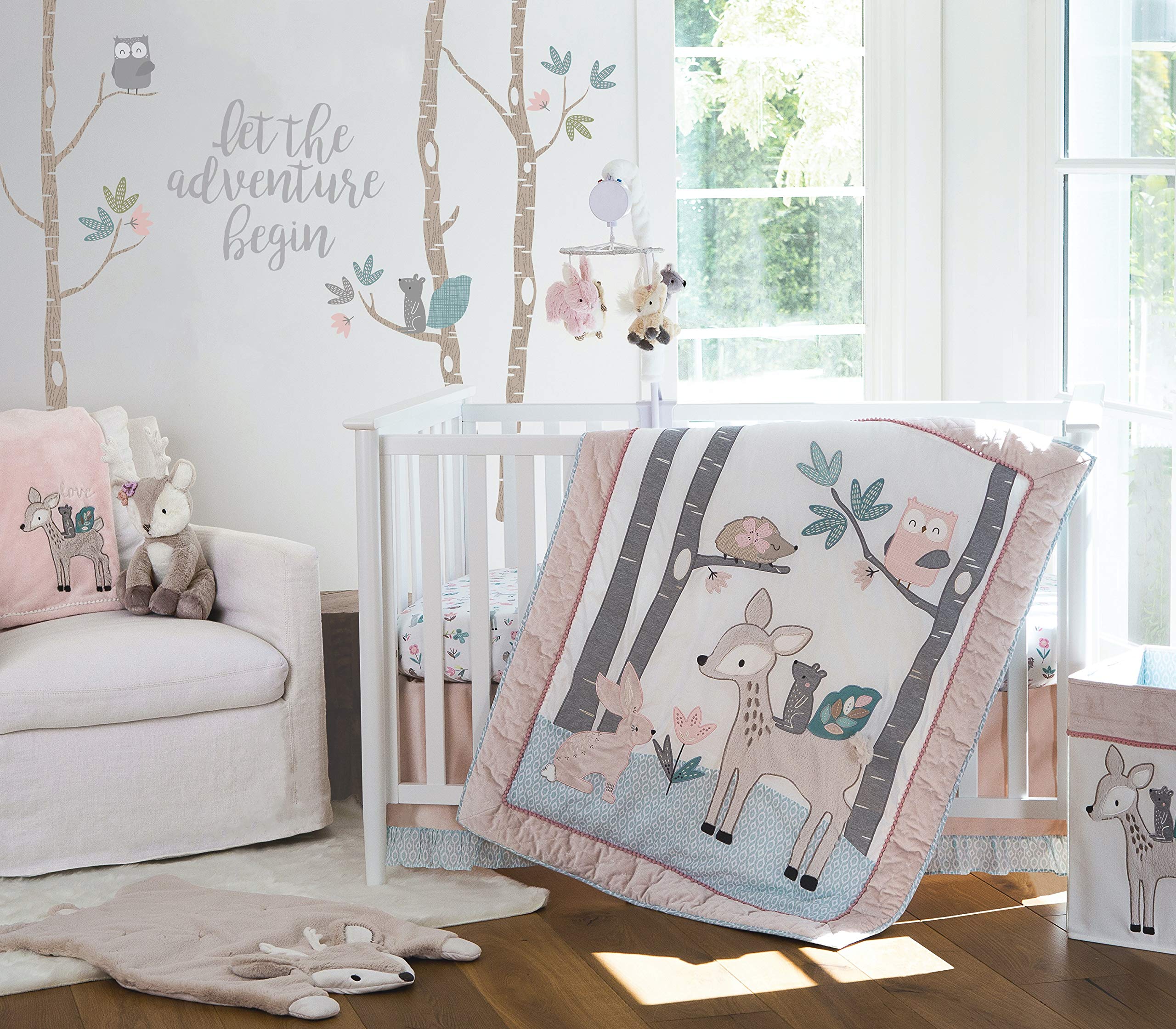 Levtex Baby  Everly Crib Bed Set  Baby Nursery Set  Aqua Blush Grey Teal  Woodland Deer and Friends  5 Piece Set Includes Q