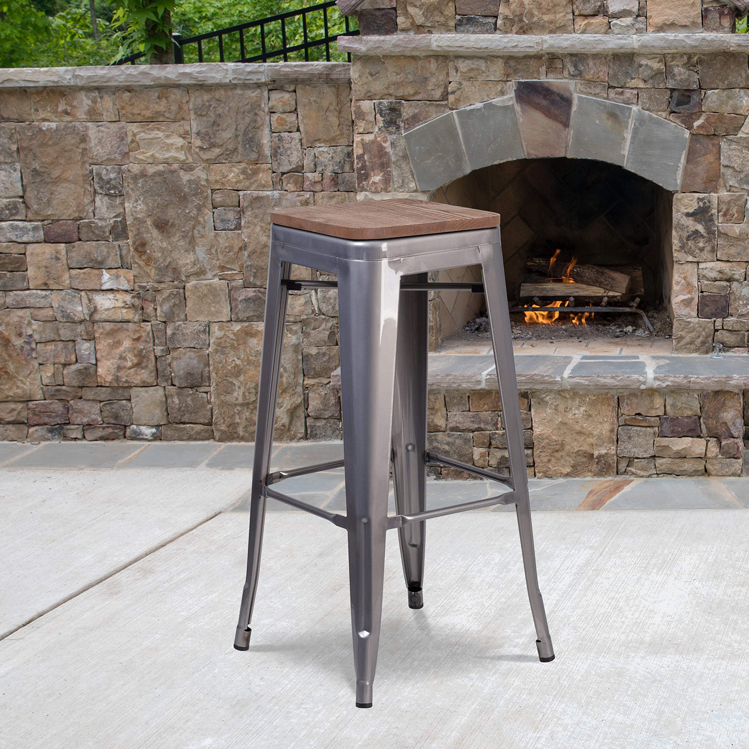 Flash Furniture Lincoln 30&quot; High Backless Clear Coated Metal Barstool with Square Wood Seat