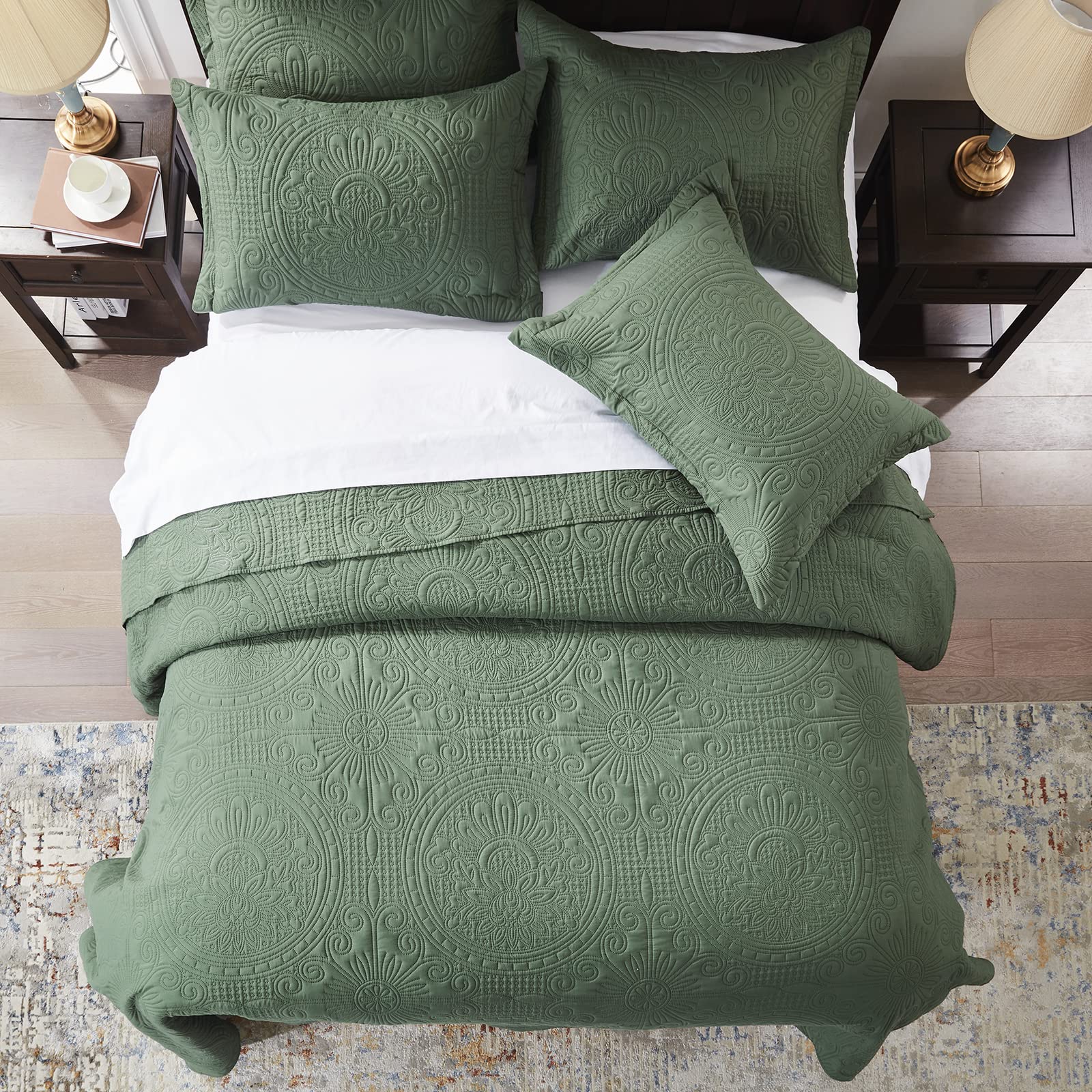 Anluoer Quilt Queen Size Bedding Set-Olive Green Embossed, Bedspreads-Lightweight Summer Soft Microfiber Bedspread, Bed Coverlet