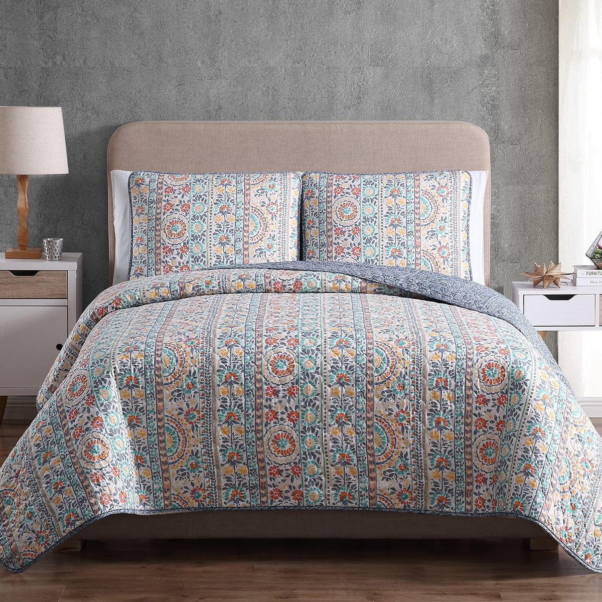 Schnauzer Home Bohemian Quilt Set King Size 3 Piece, Cosima Striped Pattern Printed Bedding Coverlet Set, Lightweight Soft Rever