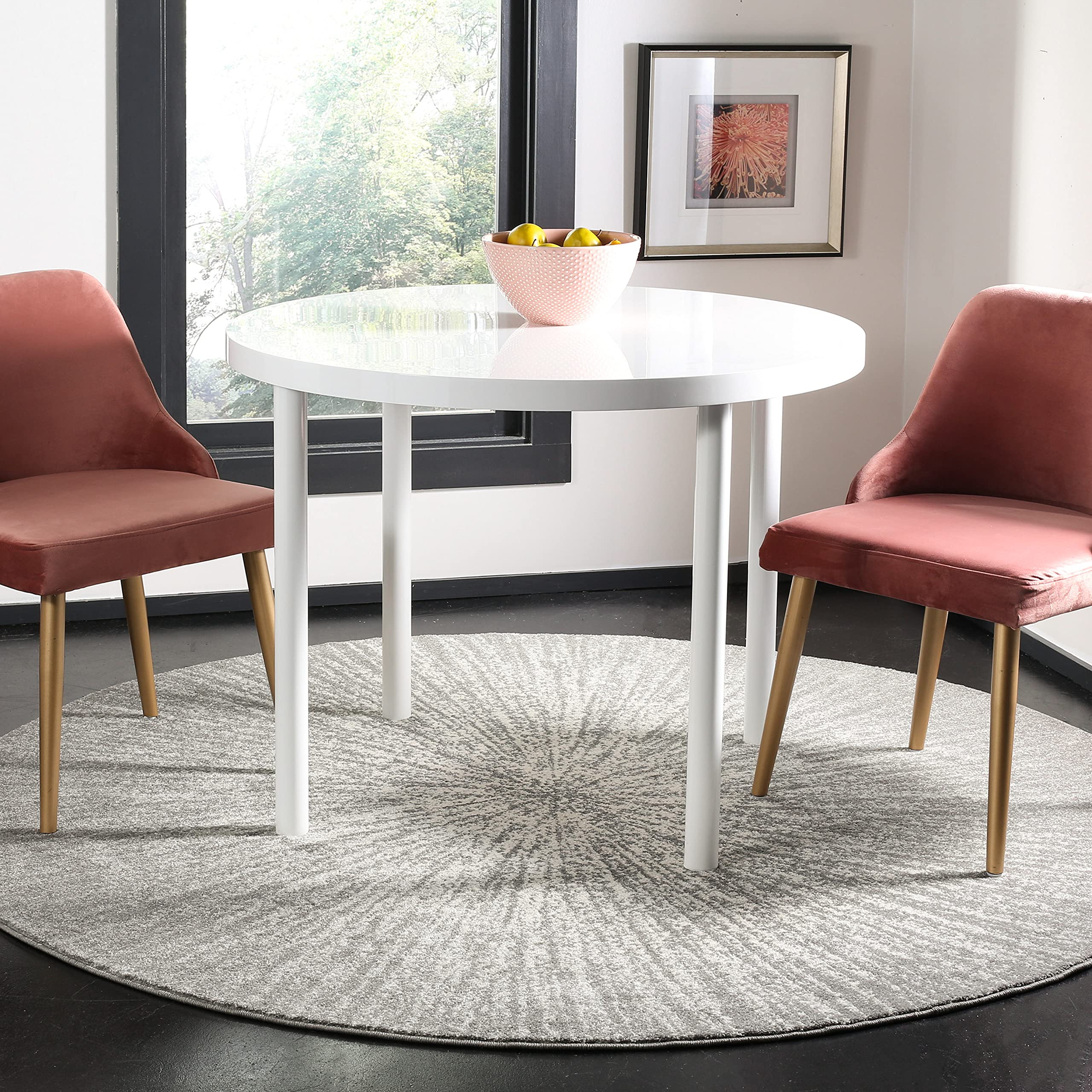 SAFAVIEH Evoke Collection Area Rug - 67 Round, Dark Grey & Ivory, Abstract Burst Design, Non-Shedding & Easy Care, Ideal for Hi