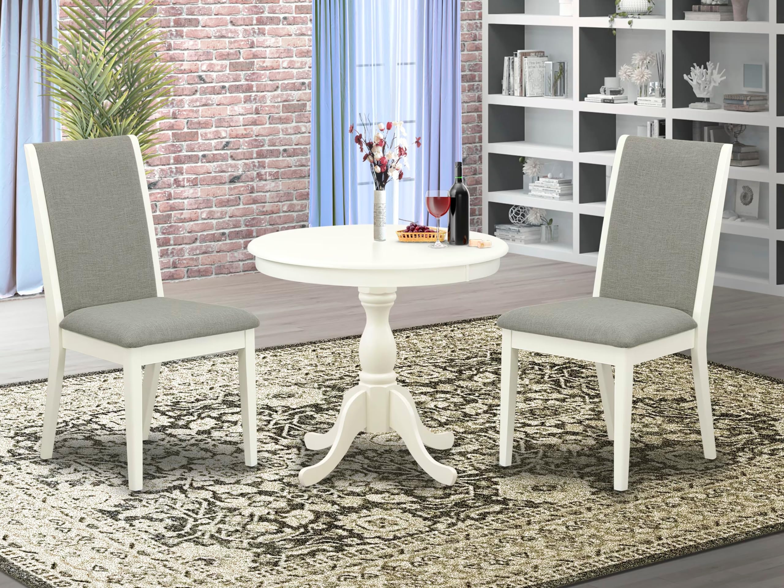 East West Furniture AMLA3-LWH-06 3 Piece Kitchen Table & Chairs Set Contains a Round Dining Room Table with Pedestal and 2 Shitake Linen Fabric Parsons Chairs, 36x36 Inch, Linen White