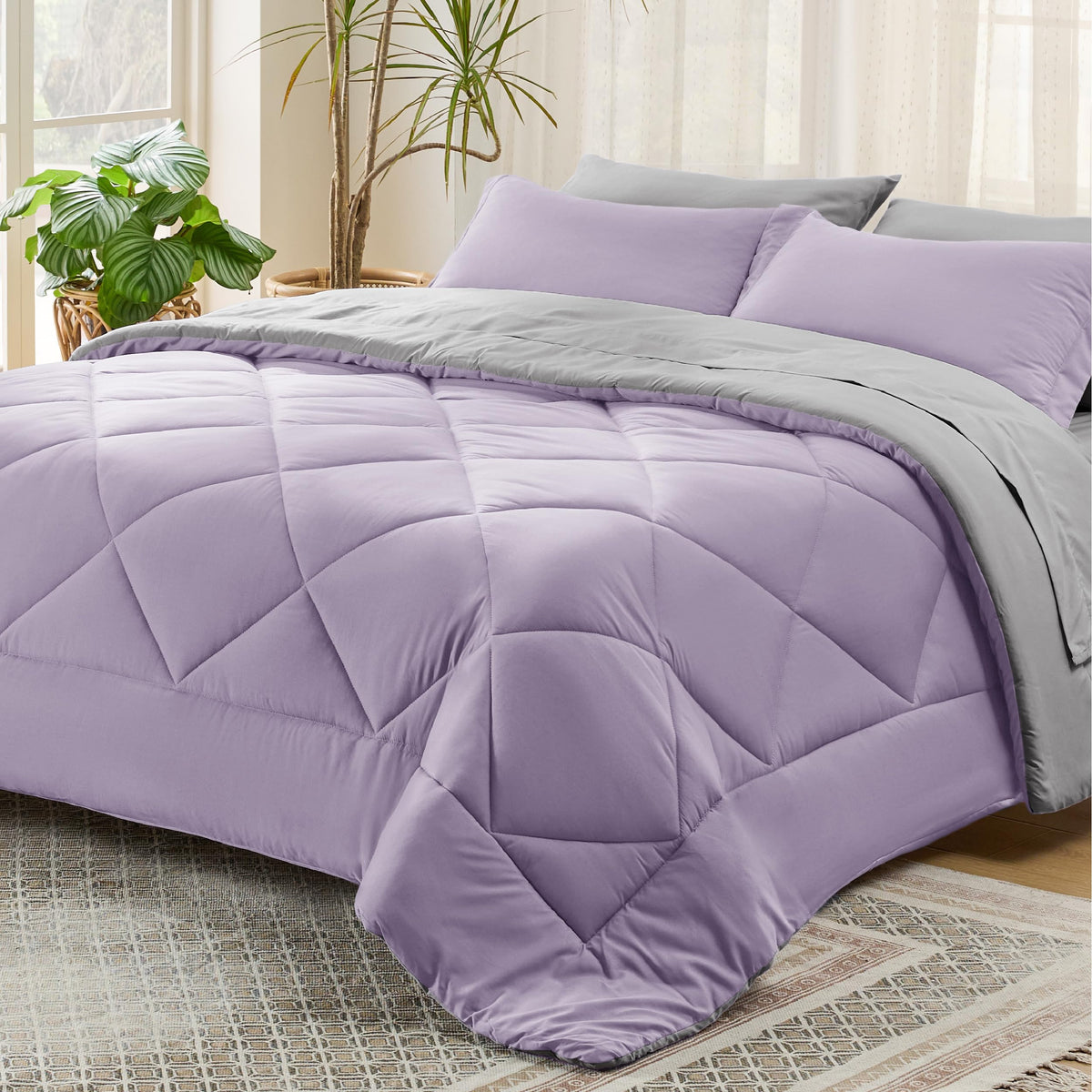 Bedsure Light Purple Queen Comforter Set - 7 Pieces Reversible Queen Bed In A Bag, Queen Bed Set Light Purple And Grey With Comf