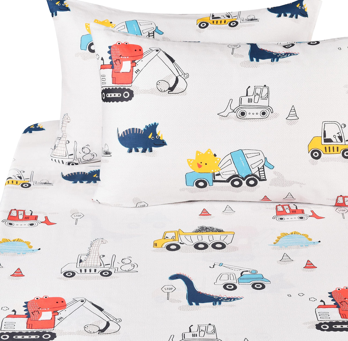 J Pinno Dinosaur Construction Work Digger Cars Vehicle Cute Cozy Fun Full Sheet Set For Kids Girls Children 100% Cotton Flat She