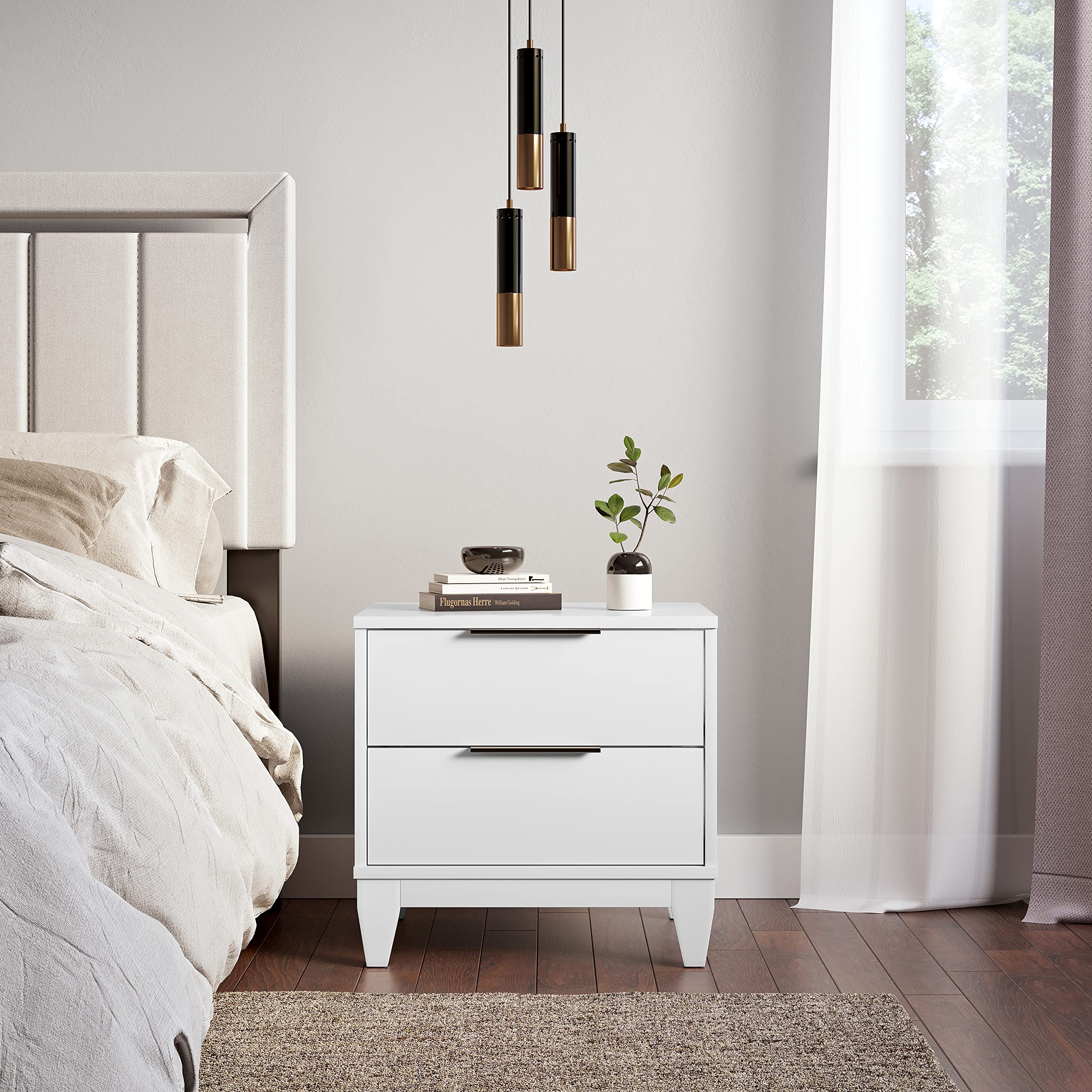Boyd Sleep Bedroom Nightstand Bedside Table: Mackay Two Drawer Storage With Leg Base, White