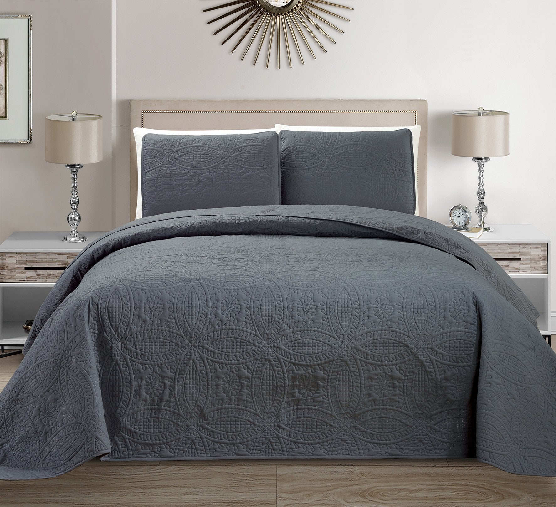 Mk Collection 3Pc King/California King Solid Embossed Bedspread Bed Cover Over Size Dark Grey New