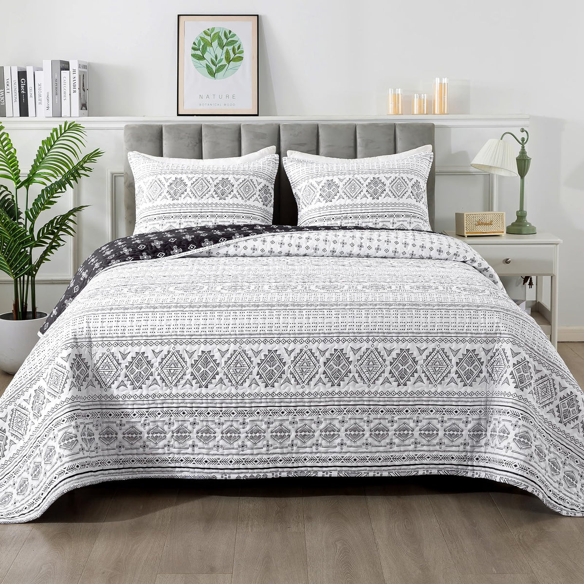 Andency Black White Quilt Set Queen (90X96 Inch), 3 Pieces(1 Striped Triangle Printed Quilt And 2 Pillowcases), Bohemian Summer