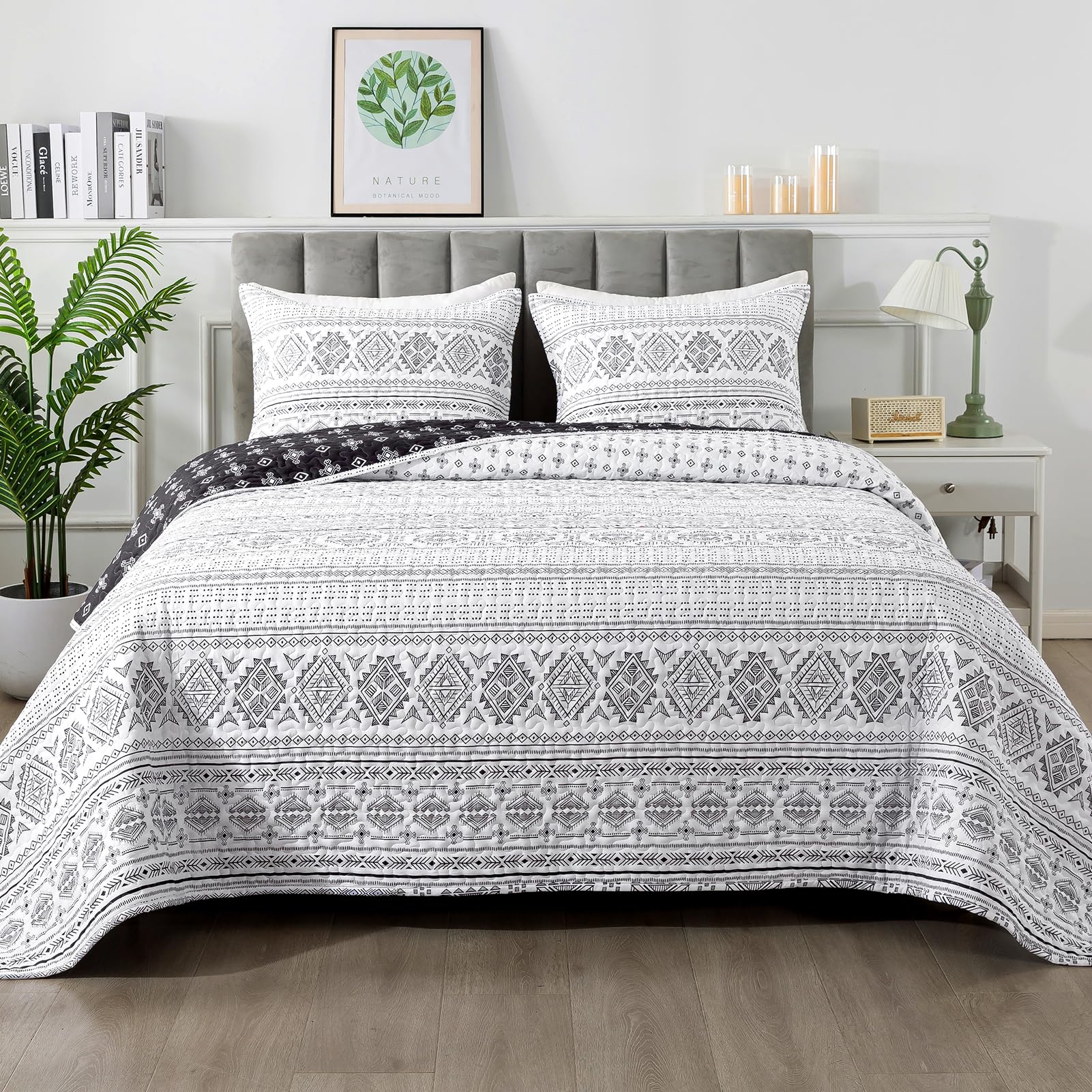 Andency Black White Quilt Set Queen (90X96 Inch), 3 Pieces(1 Striped Triangle Printed Quilt And 2 Pillowcases), Bohemian Summer