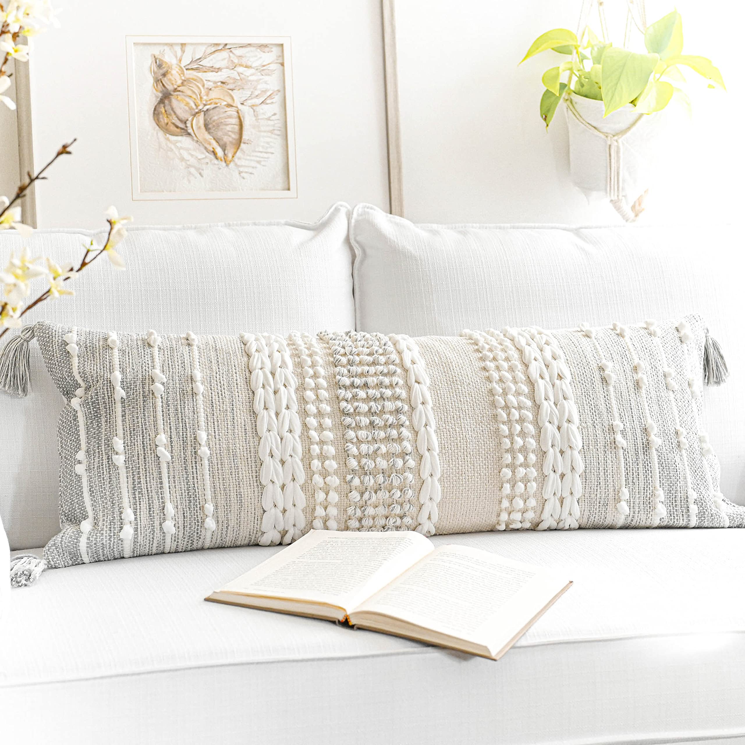 Blissblush Gray Decorative Lumbar Pillow Cover 14X36, Boho Long Throw Pillow For Bed, Accent Lumbar Throw Pillow Case, Modern Fa