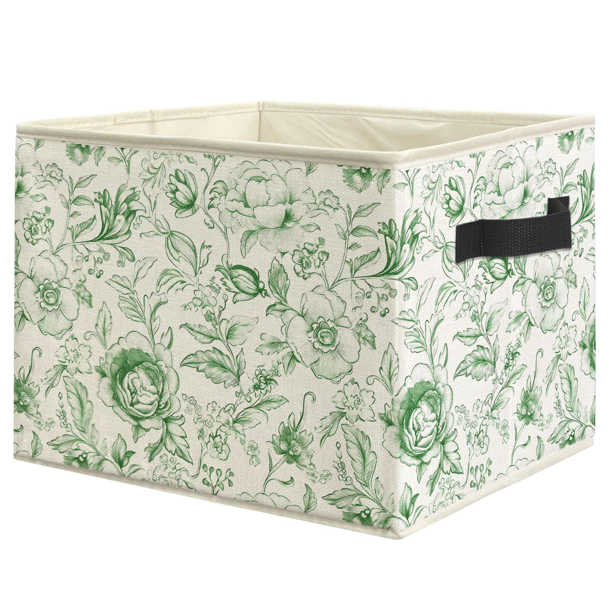 WARDOS Vintage Green Floral Storage Bin Box with Handles, Rustic Aesthetic Flower Botanical Foldable Linen Fabric Laundry Basket