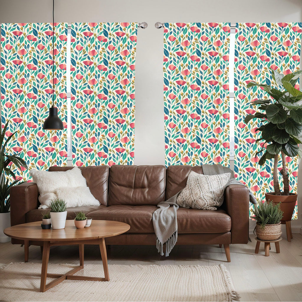 Ambesonne Poppy Flower Window Curtains Pack Of 2, Colorful Spring Garden With Abstract Leaves Sprouts And Petals Nature Beauty,