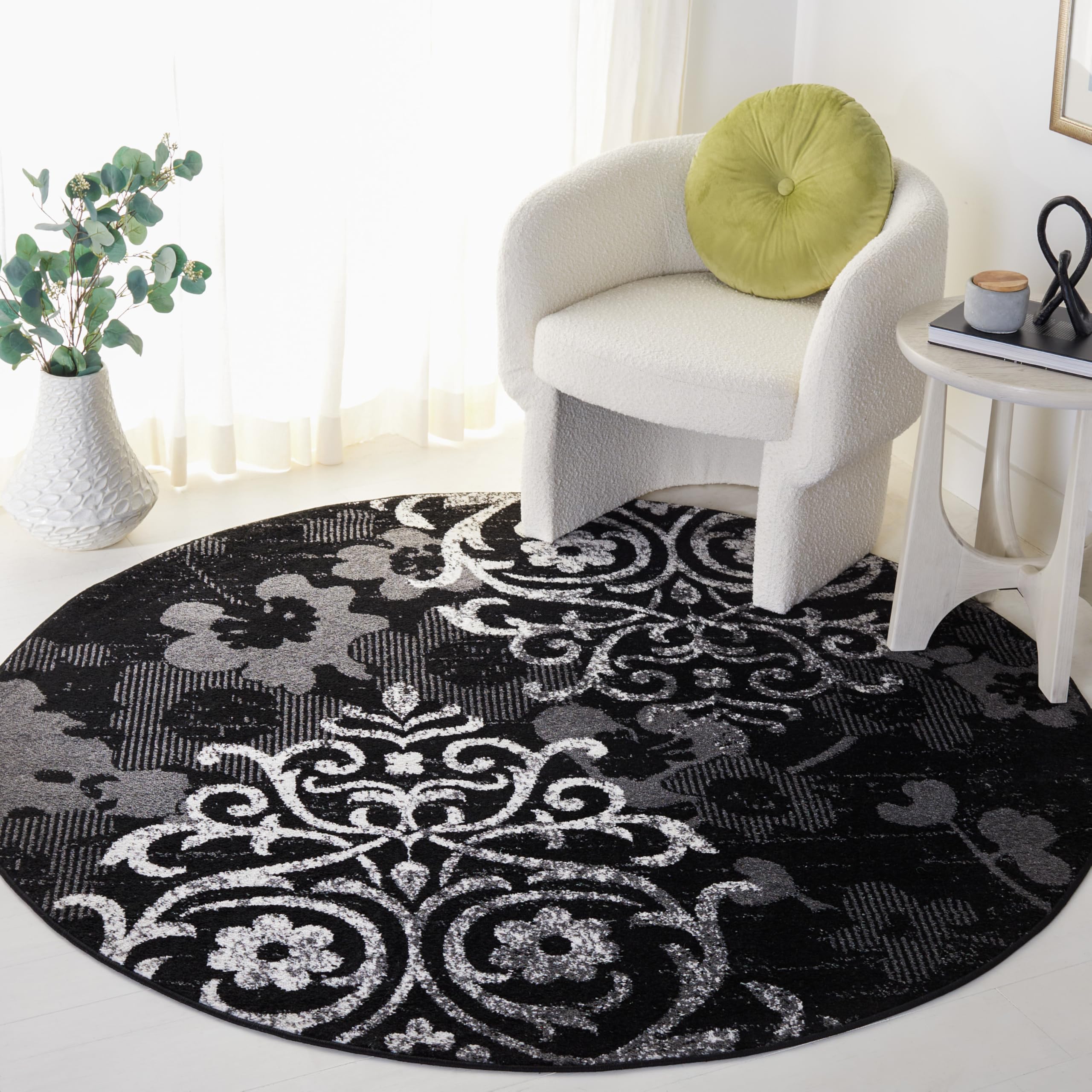 SAFAVIEH Adirondack Collection 9 Round Black / Silver ADR114A Floral Glam Damask Distressed Non-Shedding Dining Room Entryway F