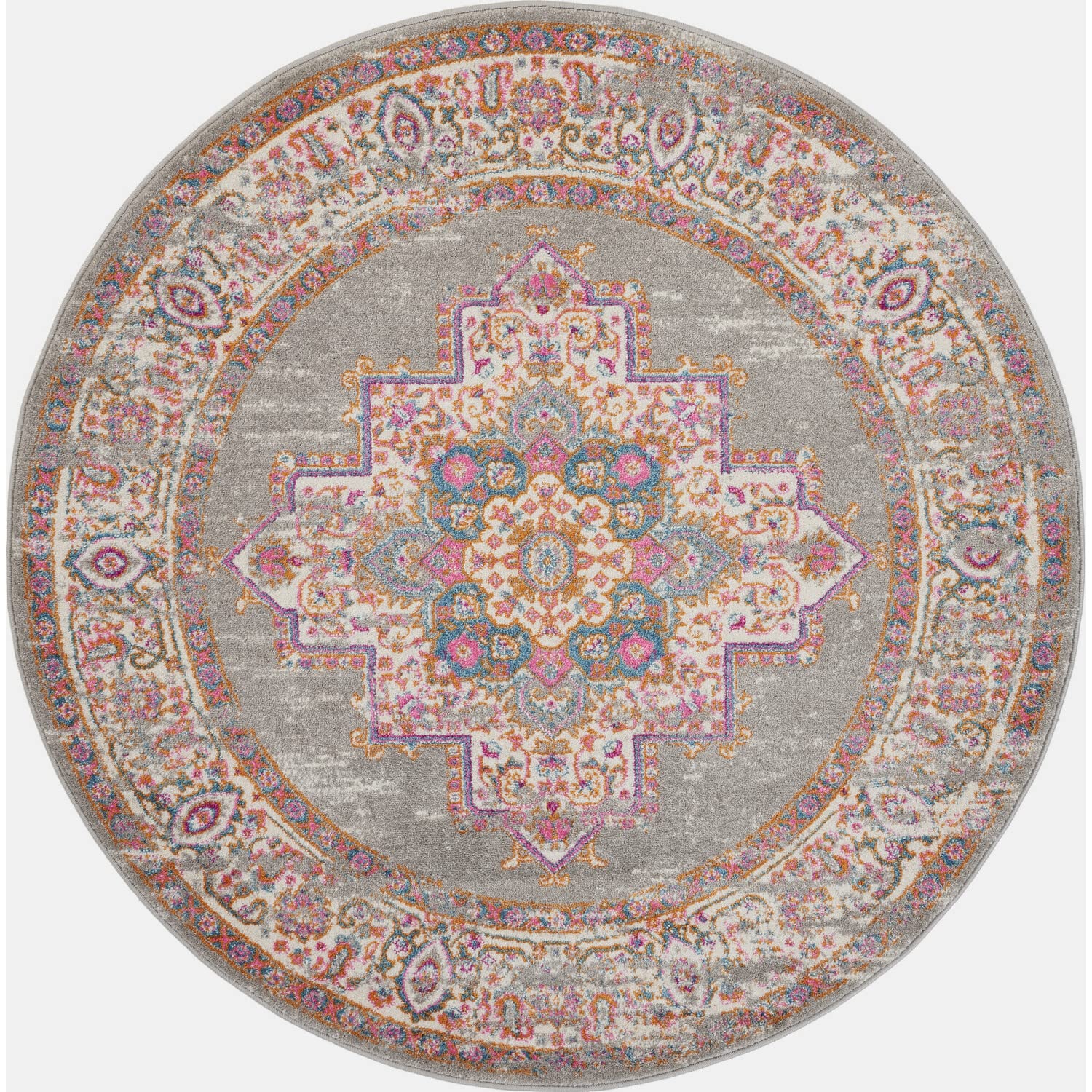 Nourison Passion Grey 4' x Round Area -Rug, Boho, Traditional, Easy -Cleaning, Non Shedding, Bed Room, Living Room, Hallway, (4'