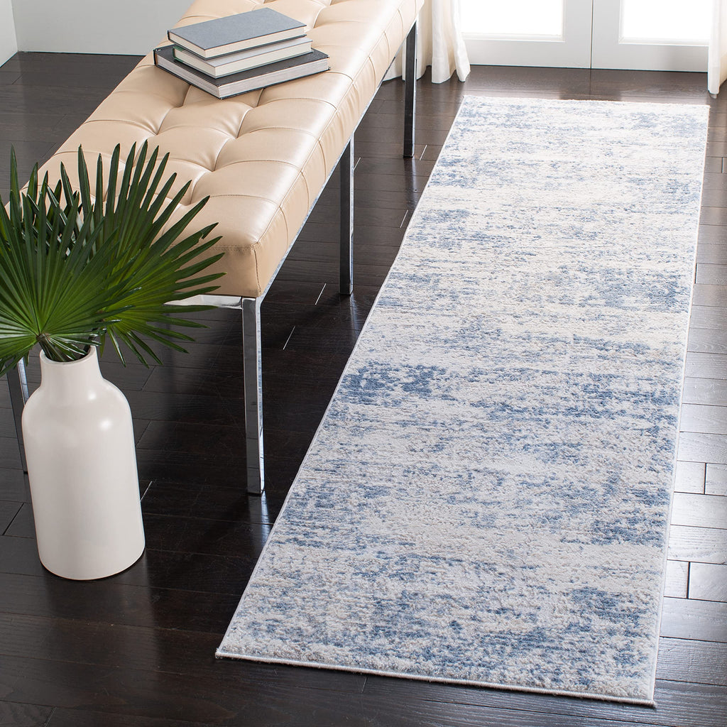 SAFAVIEH Amelia Collection 2'2'' x 22' Ivory/Blue ALA700A Modern Abstract Non-Shedding Living Room Bedroom Runner Rug