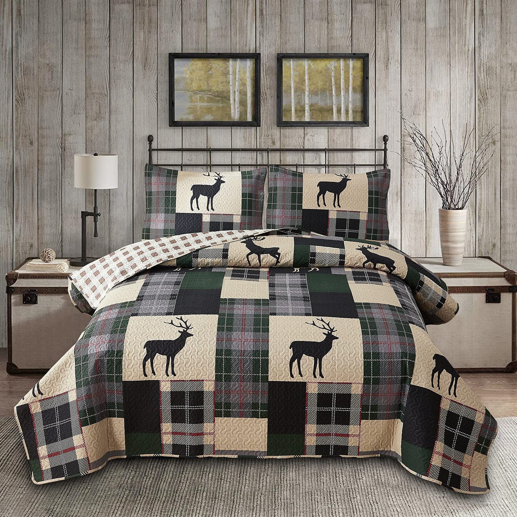 Lodge Bedspread Set Twin Size Rustic Cabin Quilt Set Deer Bedding Sets Lightweight Coverlet Reversible Bedspreads Elk Moose Prin