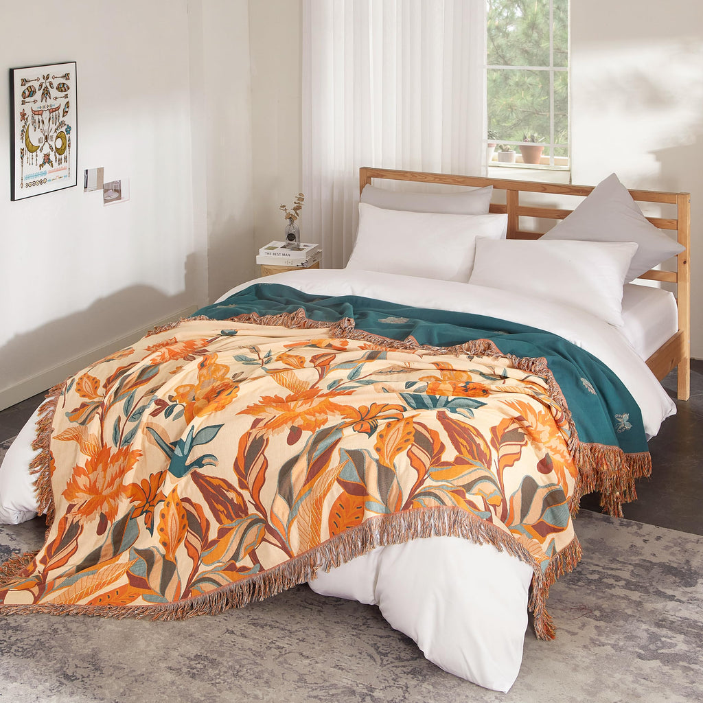 Boho Throw Blanket For Bed 90   X98   , 100% Cotton Woven Blanket For Couch Sofa, Ultra Soft 4-Layer Muslin Quilt With Floral Pr