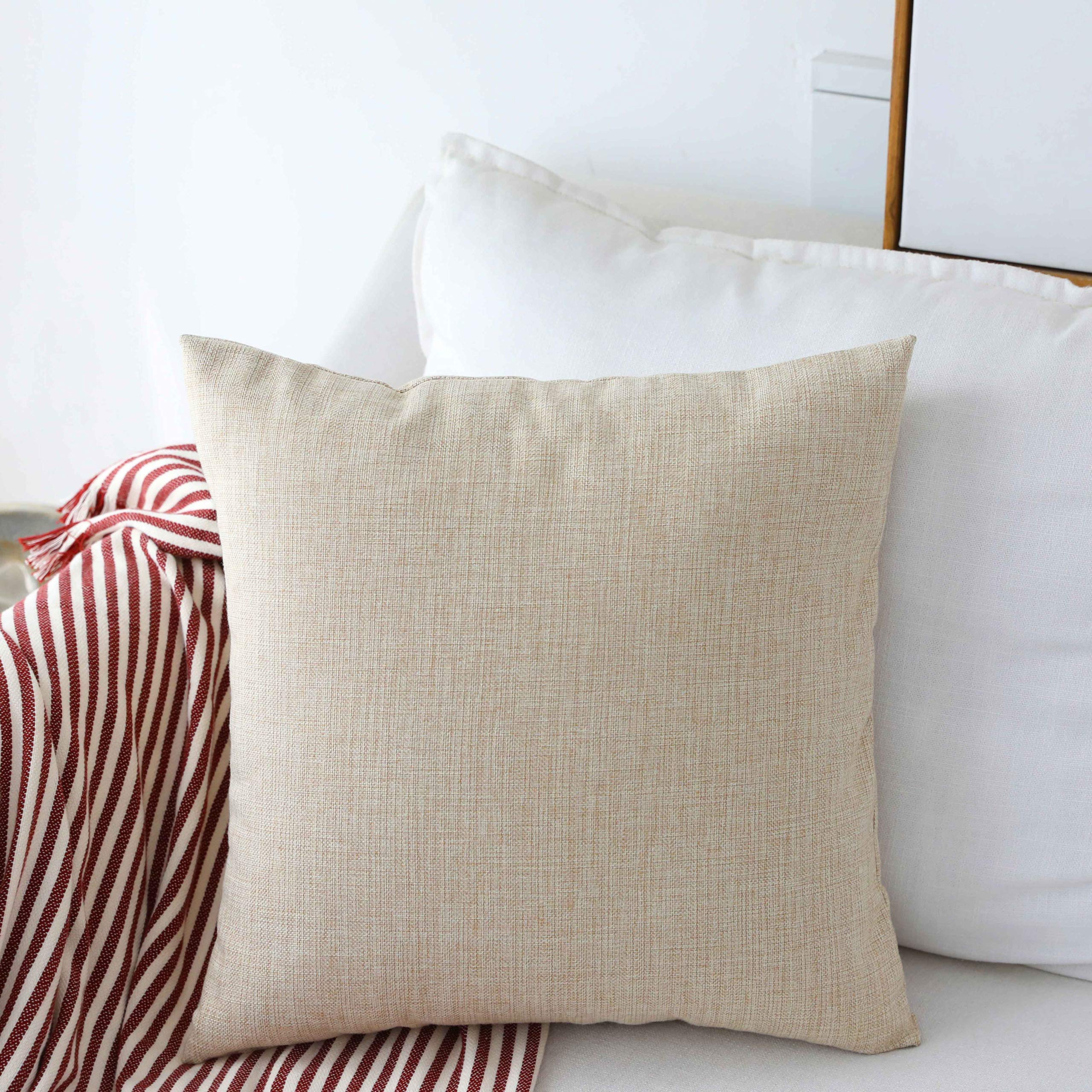 Home Brilliant Linen Throw Pillow Cover Burlap Square Cushion Cover Pillow Sham For Couch Living Room Fall Decor, Light Linen, 1