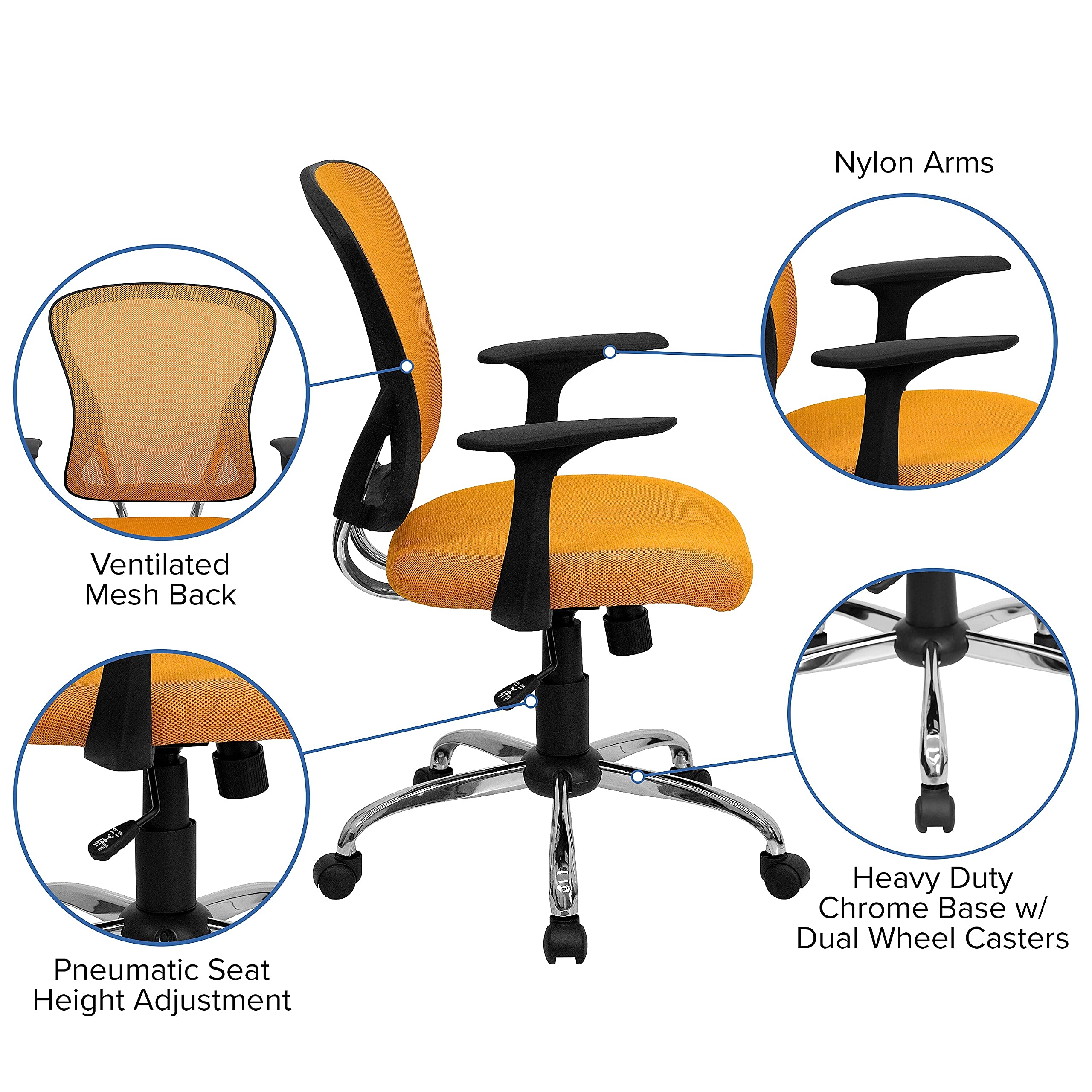 Flash Furniture Alfred Mid-Back Orange Mesh Swivel Task Office Chair with Chrome Base and Arms