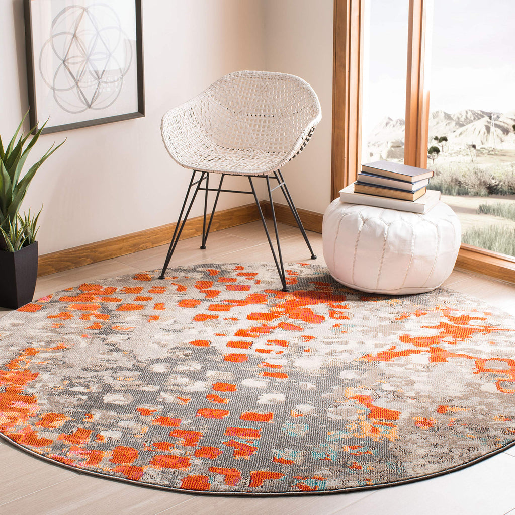 SAFAVIEH Madison Collection Area Rug - 8' Round, Grey & Orange, Boho Abstract Distressed Design, Non-Shedding & Easy Care, Ideal