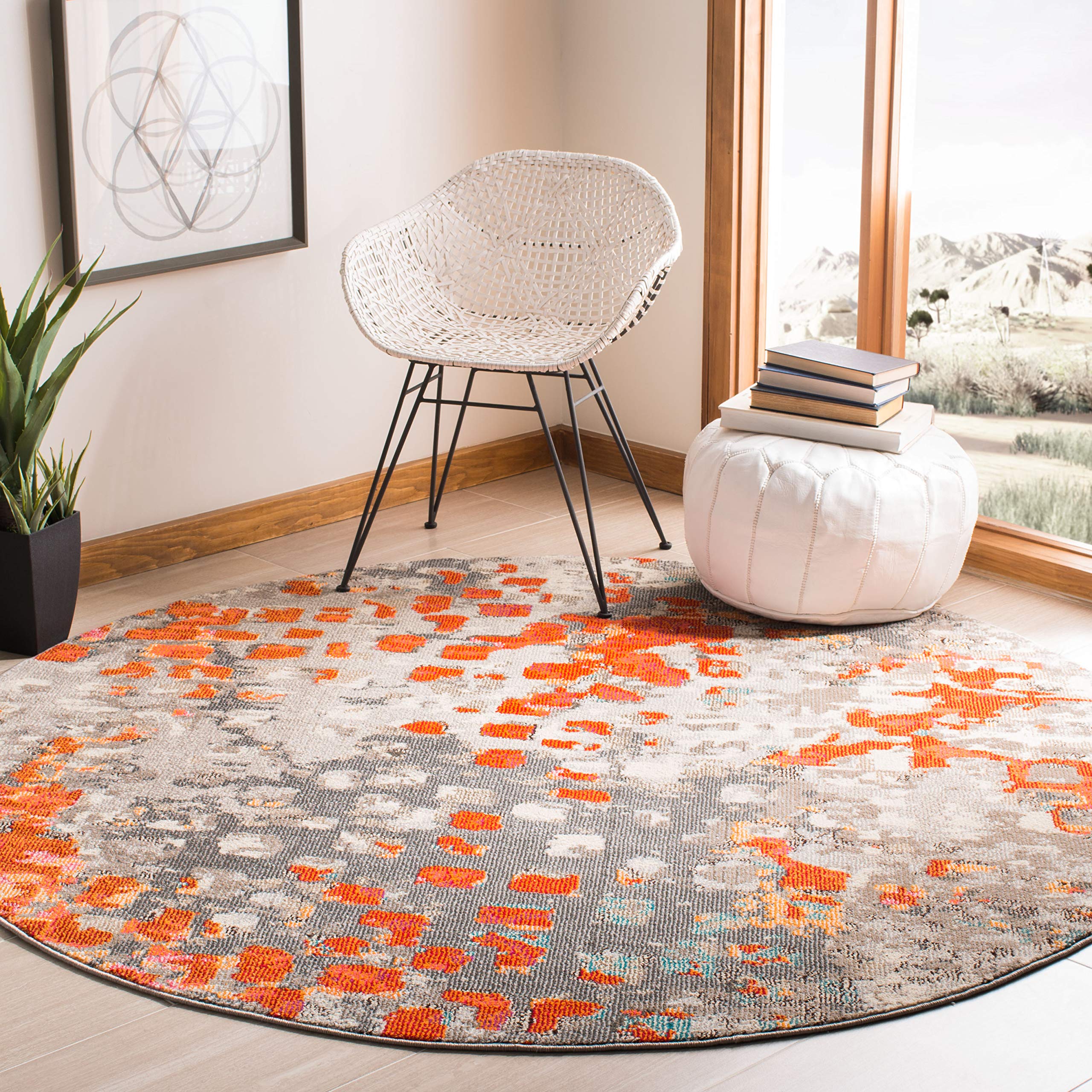 SAFAVIEH Madison Collection Area Rug - 67 Round, Grey & Orange, Boho Abstract Distressed Design, Non-Shedding & Easy Care, Idea
