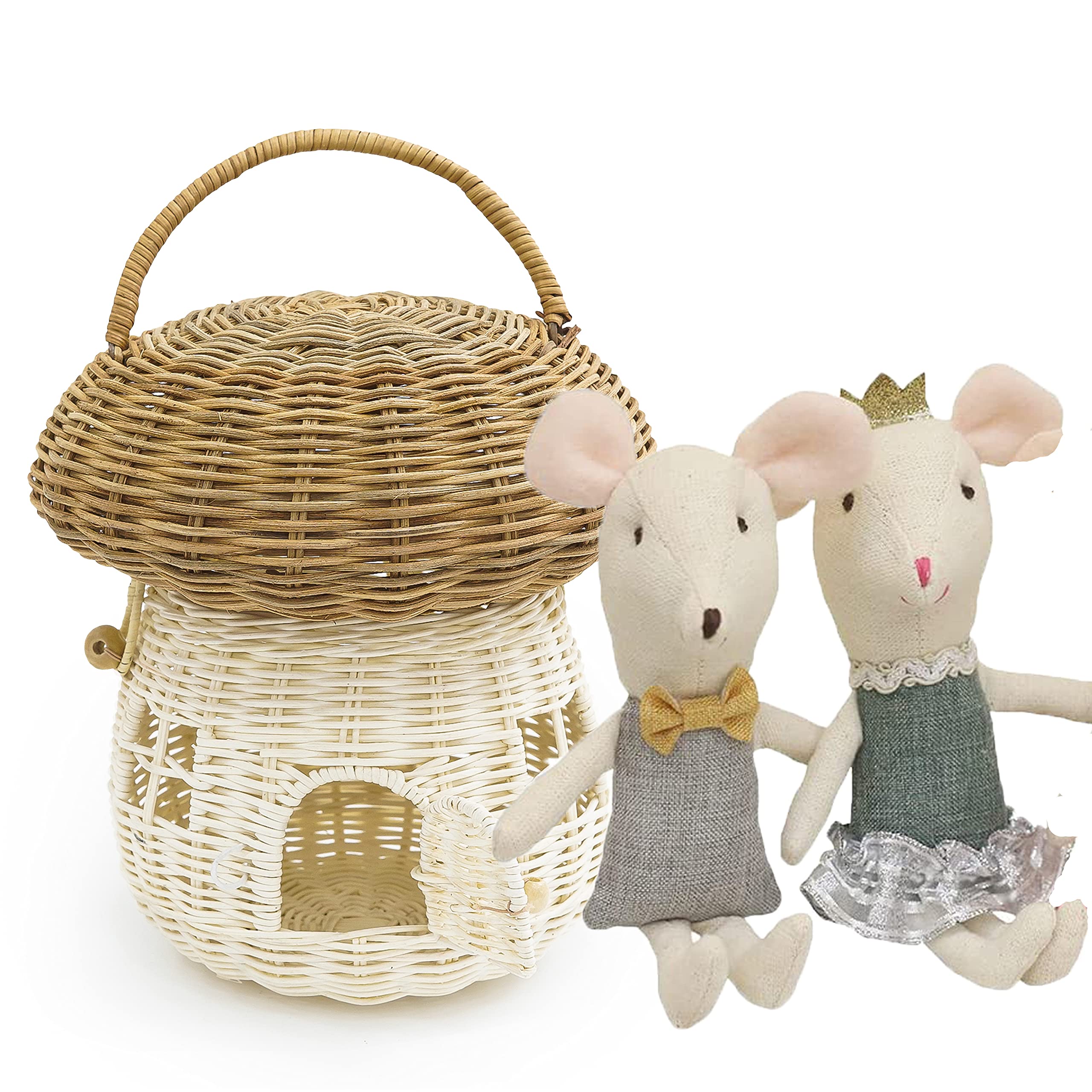 Kolwoven Mushroom Rattan Storage Basket With Lid - Mouse In A Box House- Small Doll House- Decorative Hand Woven Shelf Organizer