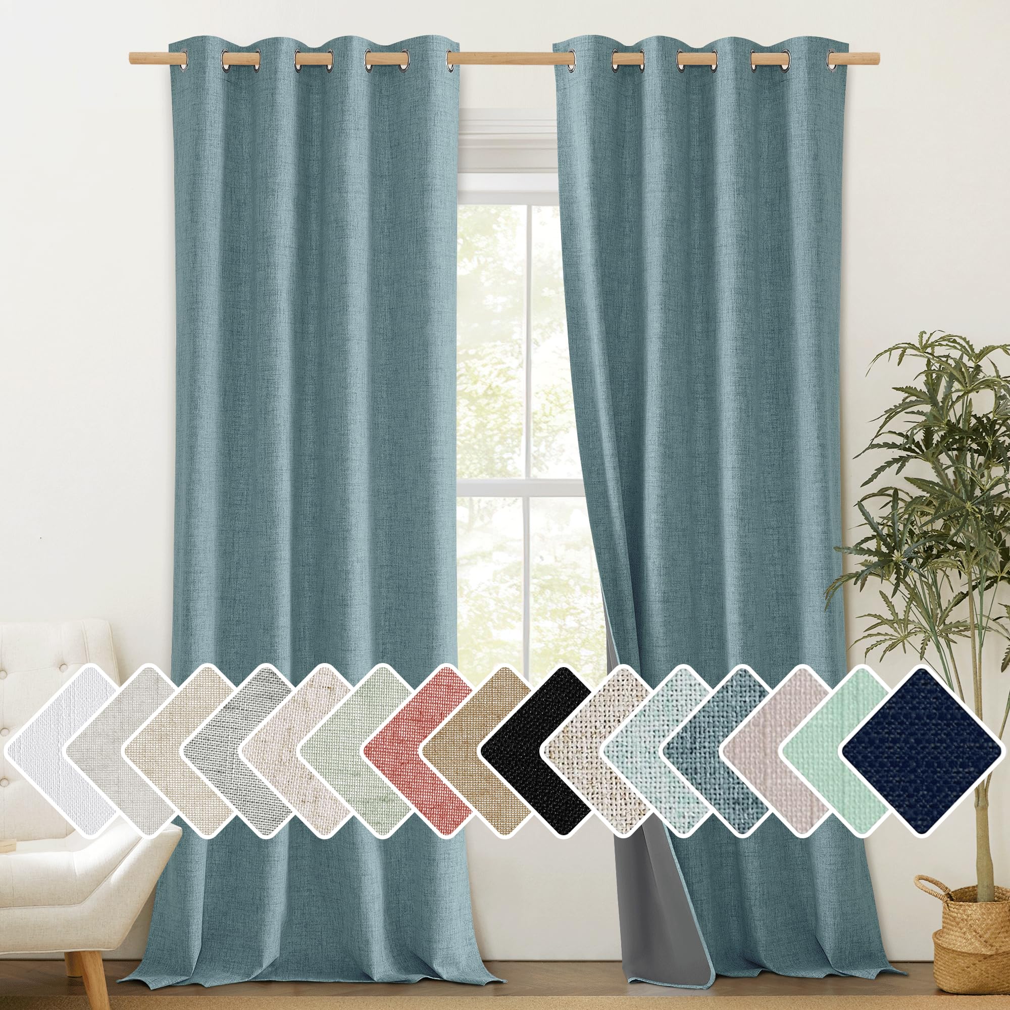Nicetown 100% Absolutely Blackout Linen Curtains With Thermal Insulated White Liner, Skylark Blue, 52' Wide, 120' Length Energ