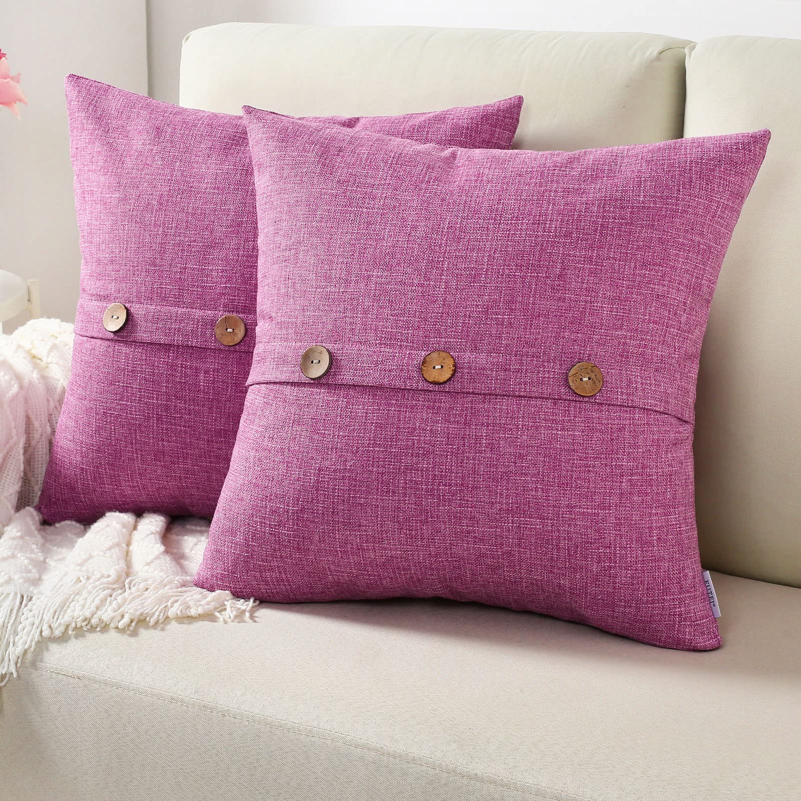 Futei Light Purple Linen Decorative Throw Pillow Covers 20X20 Inch Set Of 2, Square Cushion Case With Vintage Button/Zipper,Mode