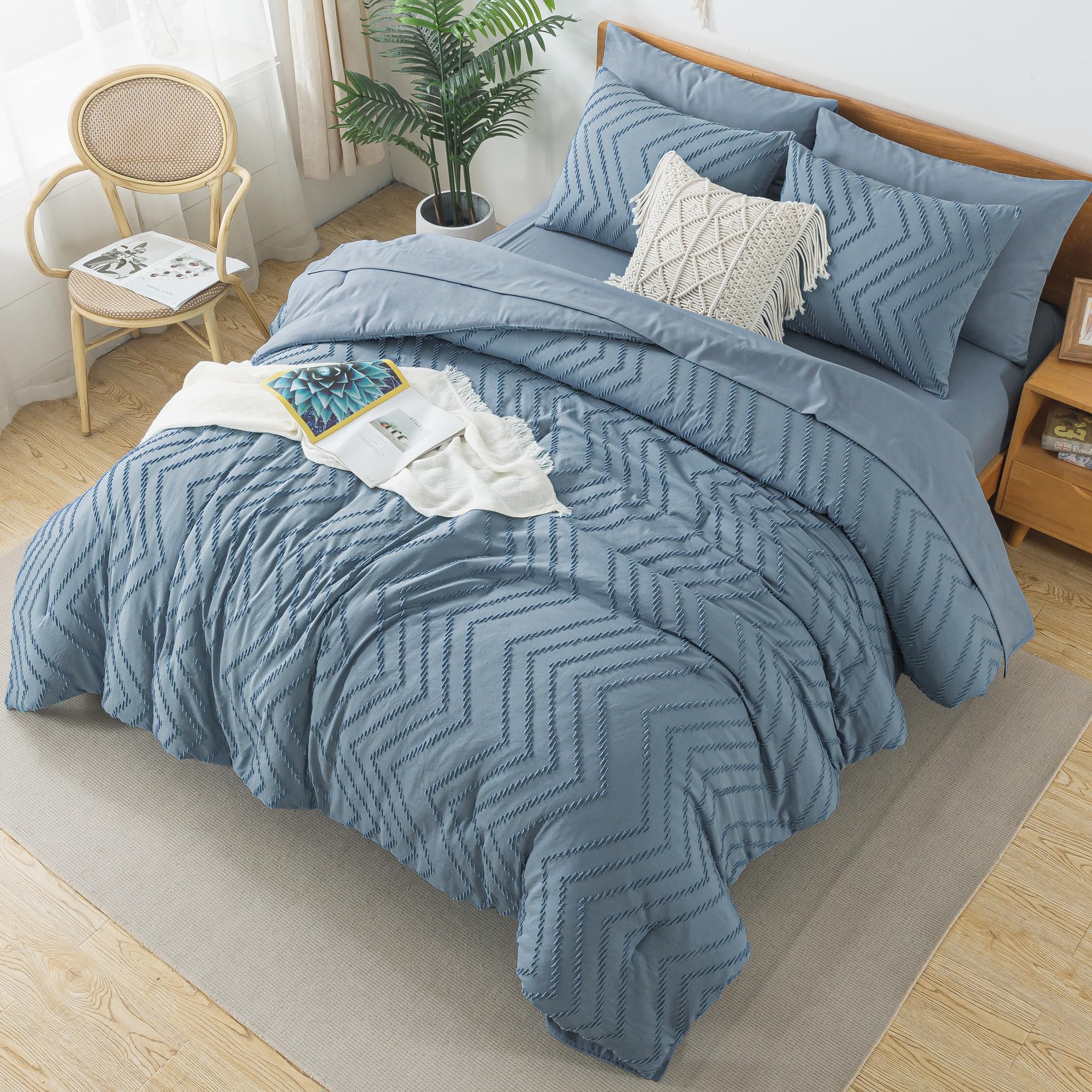 Litanika Grayish Blue Queen Size Comforter Set With Sheets - 7 Pieces Bed In A Bag Queen Boho Tufted Complete Beddding Sets With