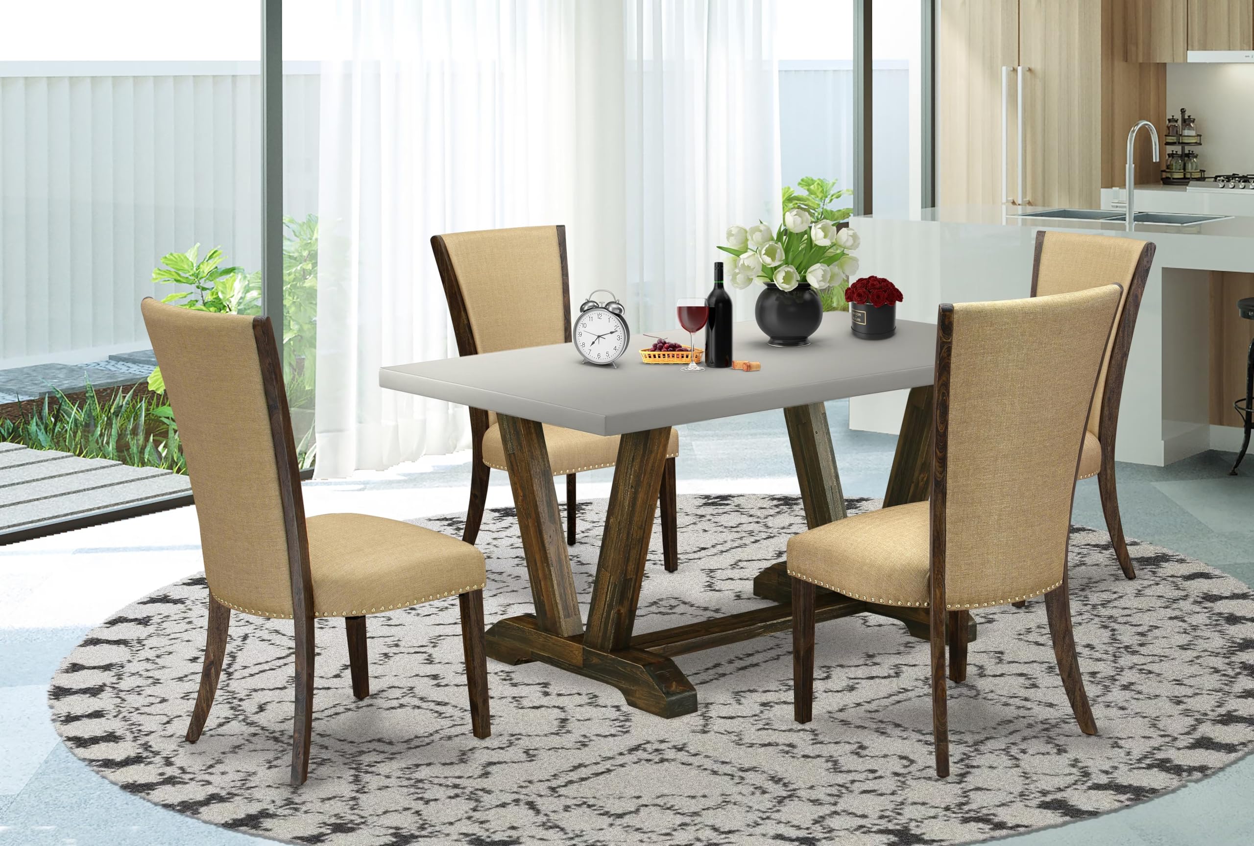 East West Furniture V796Ve703-5 5 Piece Dining Table Set For 4 Includes A Rectangle Kitchen Table With V-Legs And 4 Brown Linen Fabric Upholstered Chairs, 36X60 Inch, Multi-Color