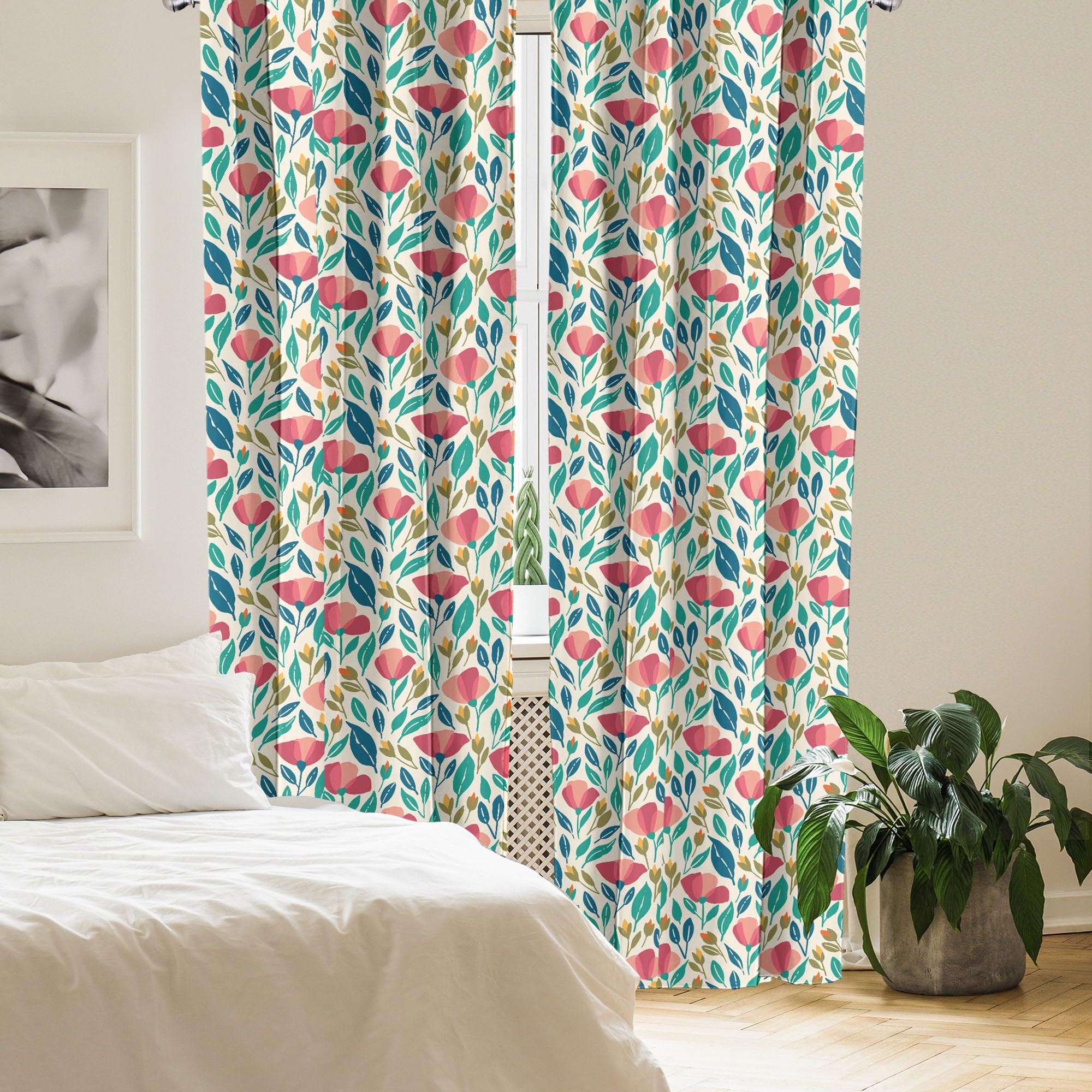 Ambesonne Poppy Flower Curtains, Colorful Spring Garden With Abstract Leaves Sprouts And Petals Nature Beauty, Window Treatments