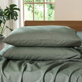 MooMee Bedding Pillowcases Pack of 2 100% Washed Cotton Linen Like Textured Breathable Durable Soft Comfy (Heathered Green, Quee